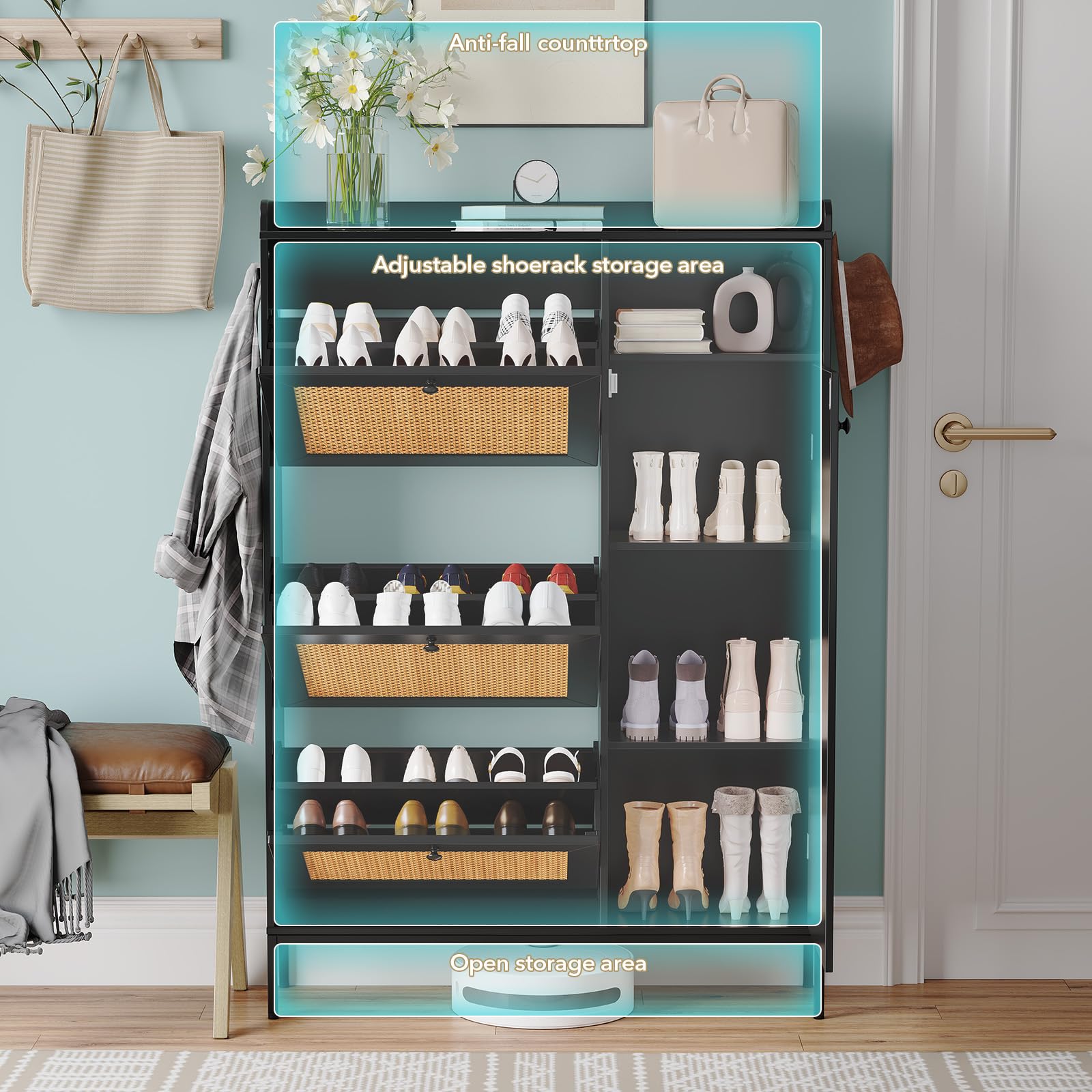 Natural Rattan Shoe Cabinet - 3 Flip-out Drawers & 4 Open Shelves Freestanding Shoe Organizer | Slim Wooden Shoe Rack with Metal Legs for Entryway, Hallway, Living Room | Perfect for Small Spaces & Home Organization (Black)
