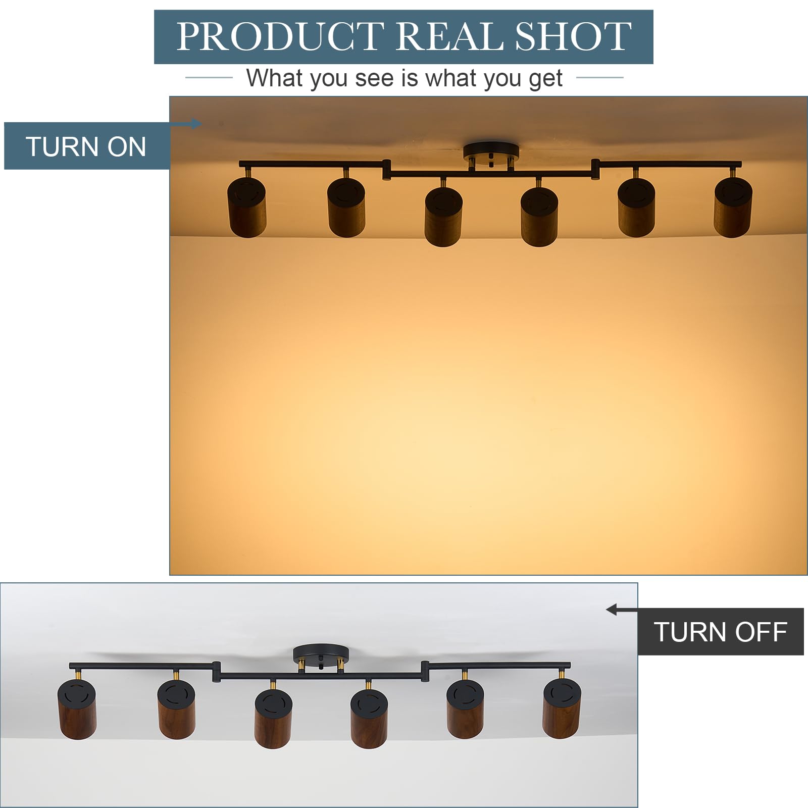 Modern 6-Light Track Lighting 47 Inch - Adjustable Natural Wood & Brass Accent Matte Black Ceiling Fixture - Perfect for Dining Room, Living Room, Kitchen Lighting Decor