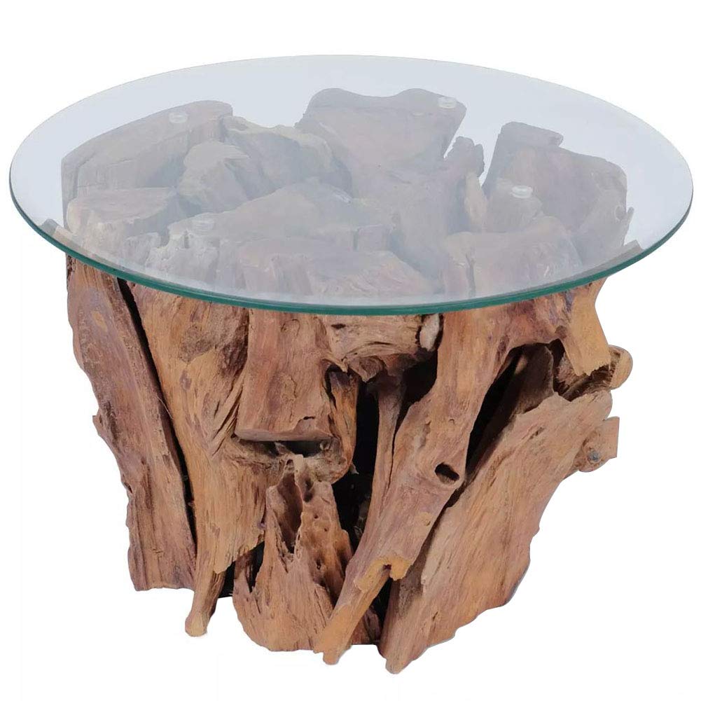 Vintage Round Glass Top Coffee Table - Handmade Solid Teak Driftwood Base, Retro Wooden End Table for Living Room (60 x 0.8 cm Tabletop, 50 x 40 cm Base) - Perfect for Modern Farmhouse, Coastal & Boho Home Decor