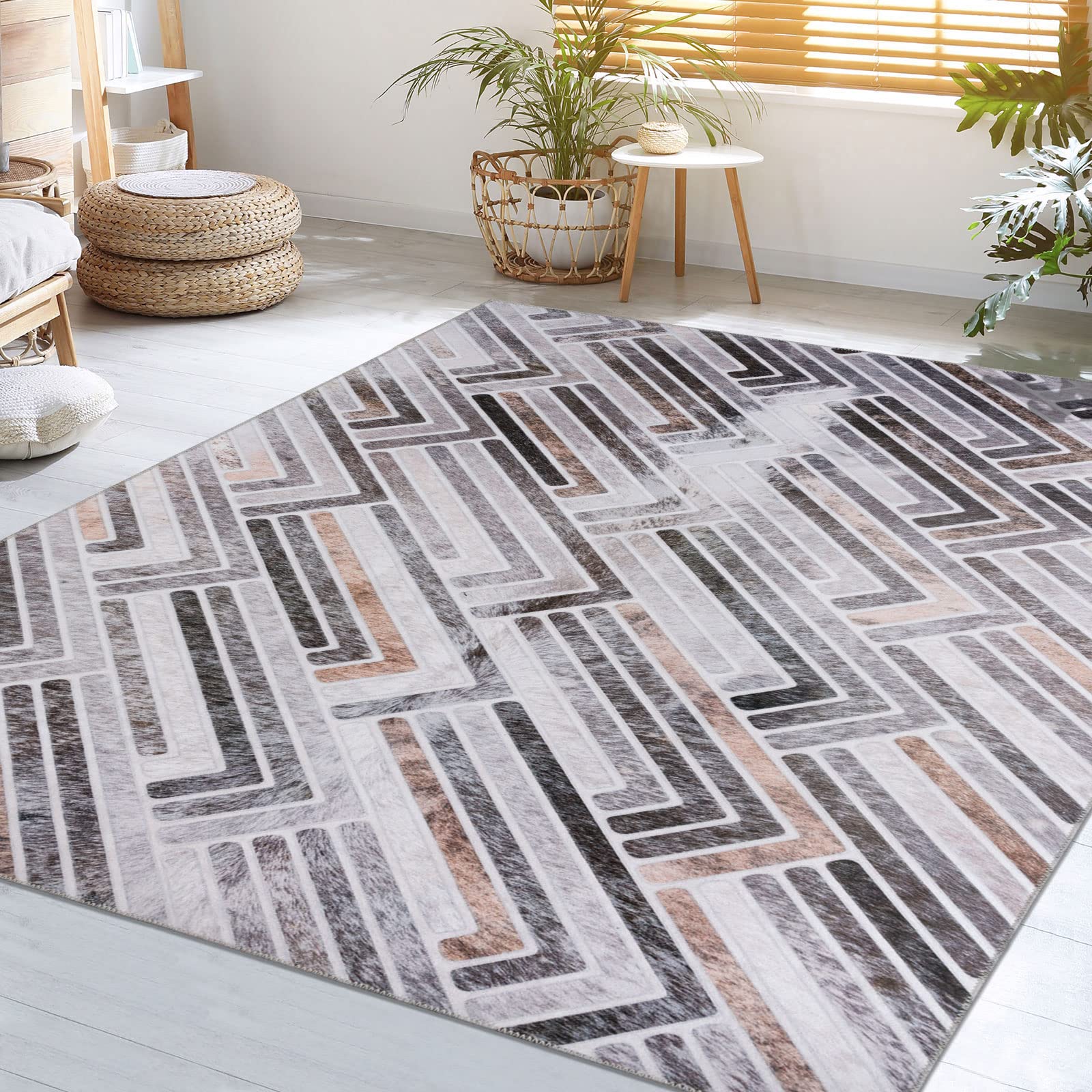 DECOMALL Washable Area Rugs - Modern Geometric Faux Cowhide Patchwork Rug - 9x12ft Large Carpet for Living Room, Bedroom, Office - Non-Slip, Pet Friendly & Easy to Clean - Perfect for Home Decor, Dorm, and High Traffic Areas