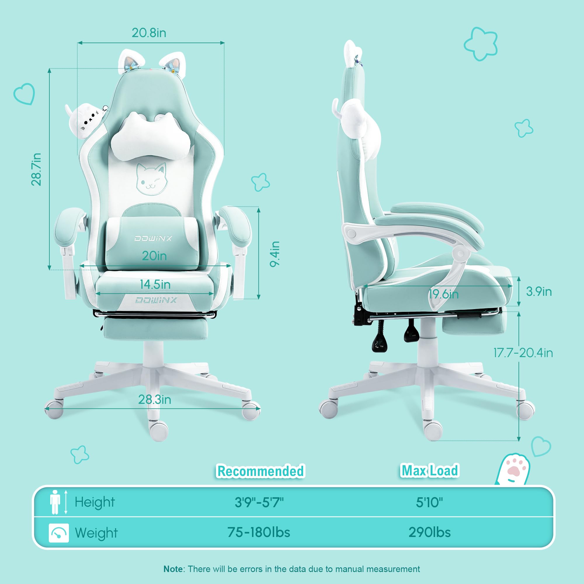 Dowinx Ergonomic Gaming Chair with Cat Ears - Massage Lumbar Support & Adjustable Footrest - Blue Green Computer Chair for Women, Teens & Adults (290lbs Capacity) - Perfect for Esports, Streaming & Home Office Setup