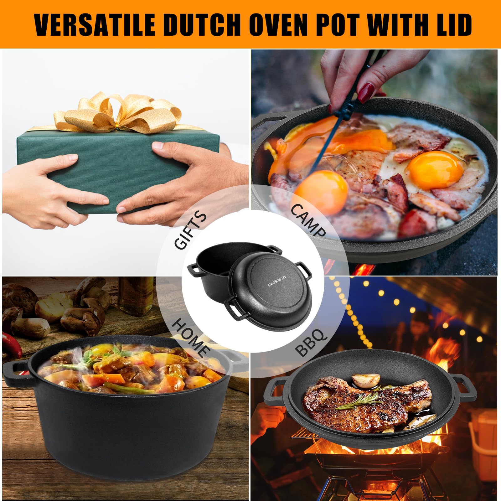 2-in-1 Pre-Seasoned Cast Iron Dutch Oven with Lid - 5.5 Quart Enameled Cookware Set for Camping, Lodge & RV - Perfect for Stews, Baking Bread & Outdoor Cooking