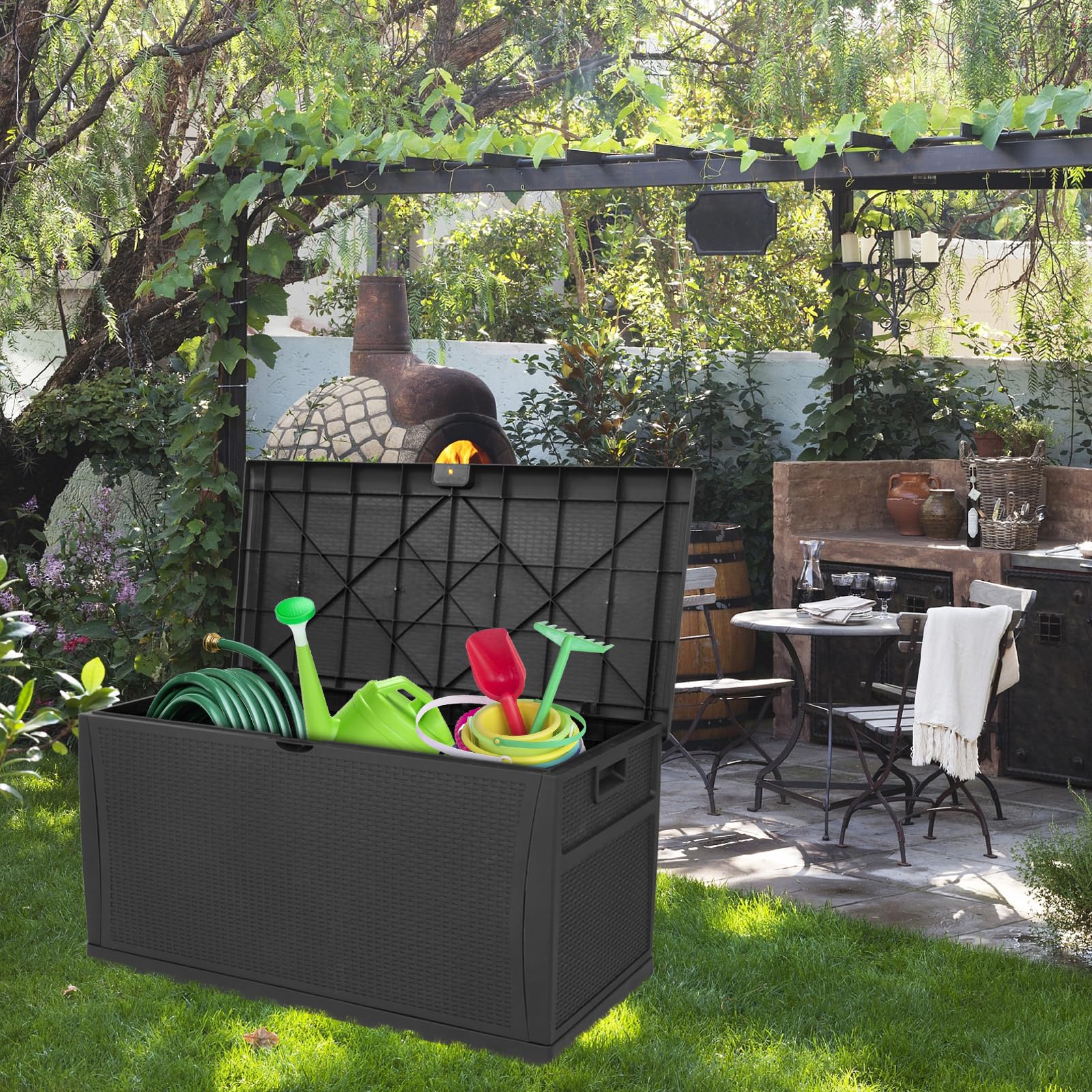 VINGLI 120 Gallon Large Outdoor Deck Storage Box with Lockable Lid, Waterproof Plastic Patio Furniture Container - Rattan Woven Design for Garden Cushions, Pool Toys, Yard Tools (Black) | Perfect for Backyard, Patio, Poolside & Garden Organization