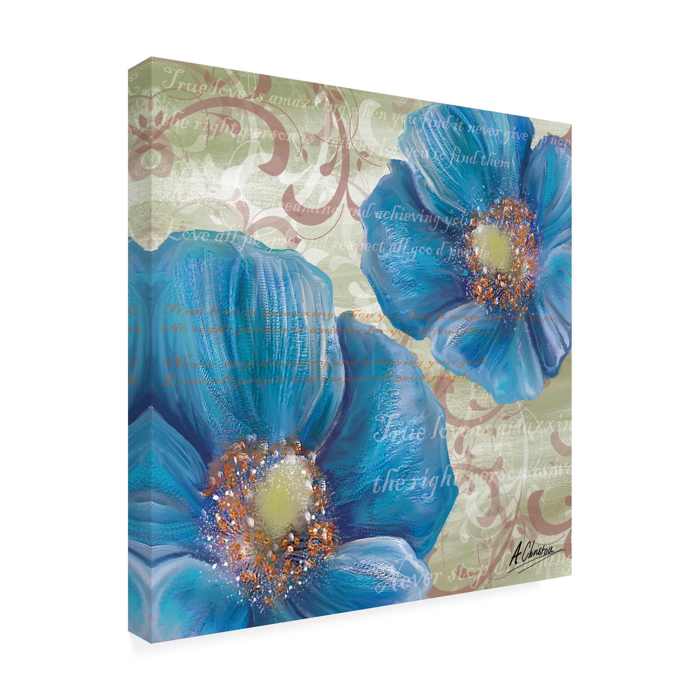 Anthony Christou Blue Poppies and Text 2 Canvas Art Print - Modern Floral Wall Decor for Living Room, Bedroom & Office - Trademark Fine Art Collection