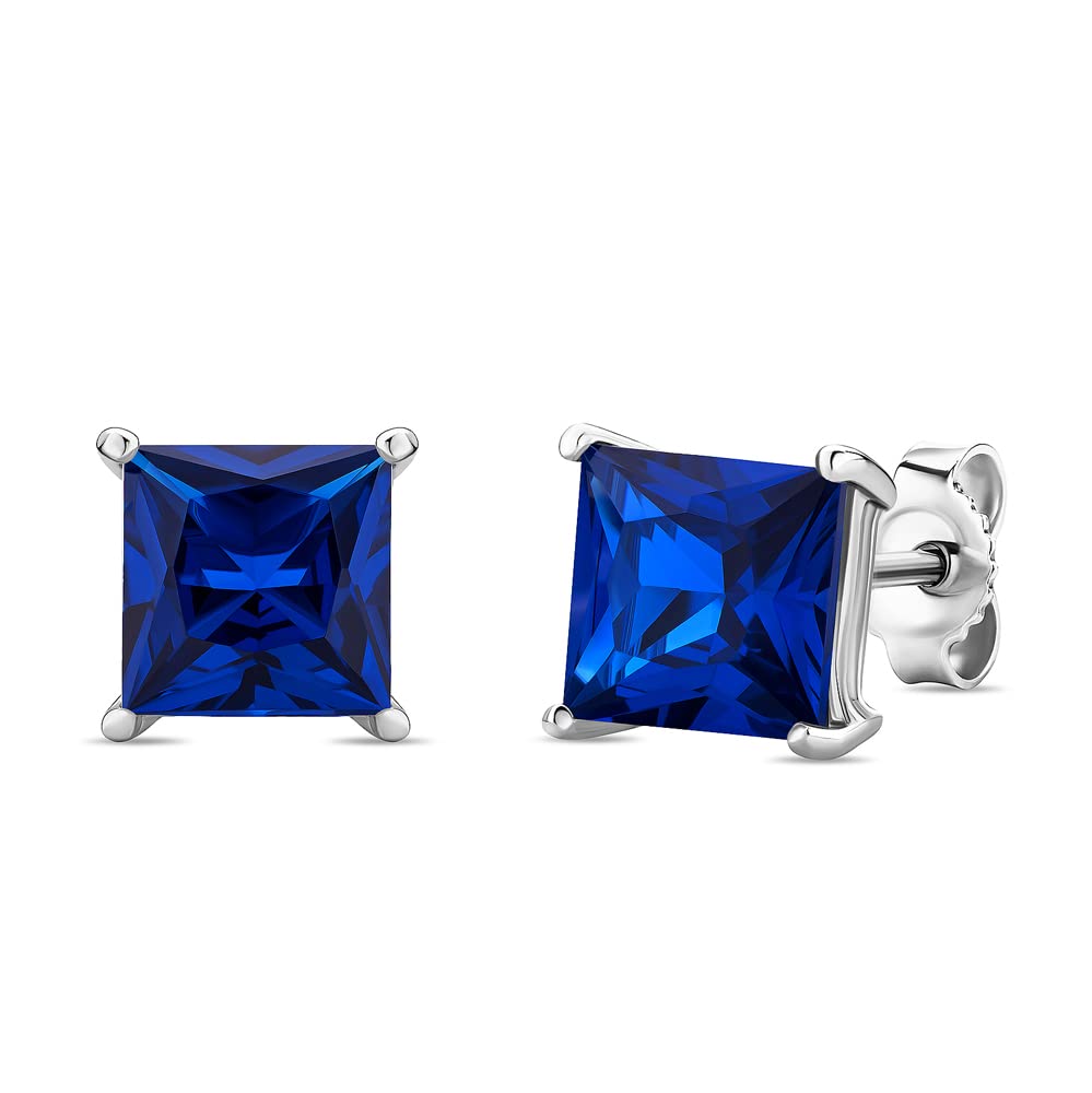 0.25 Inch Square 14K White Gold Stud Earrings for Women - Hypoallergenic Solid 585 Gold with Sapphire/Ruby/Emerald Gemstones - Perfect for Everyday Wear, Office, Parties & Special Occasions - Gift Ready in Jewelry Box