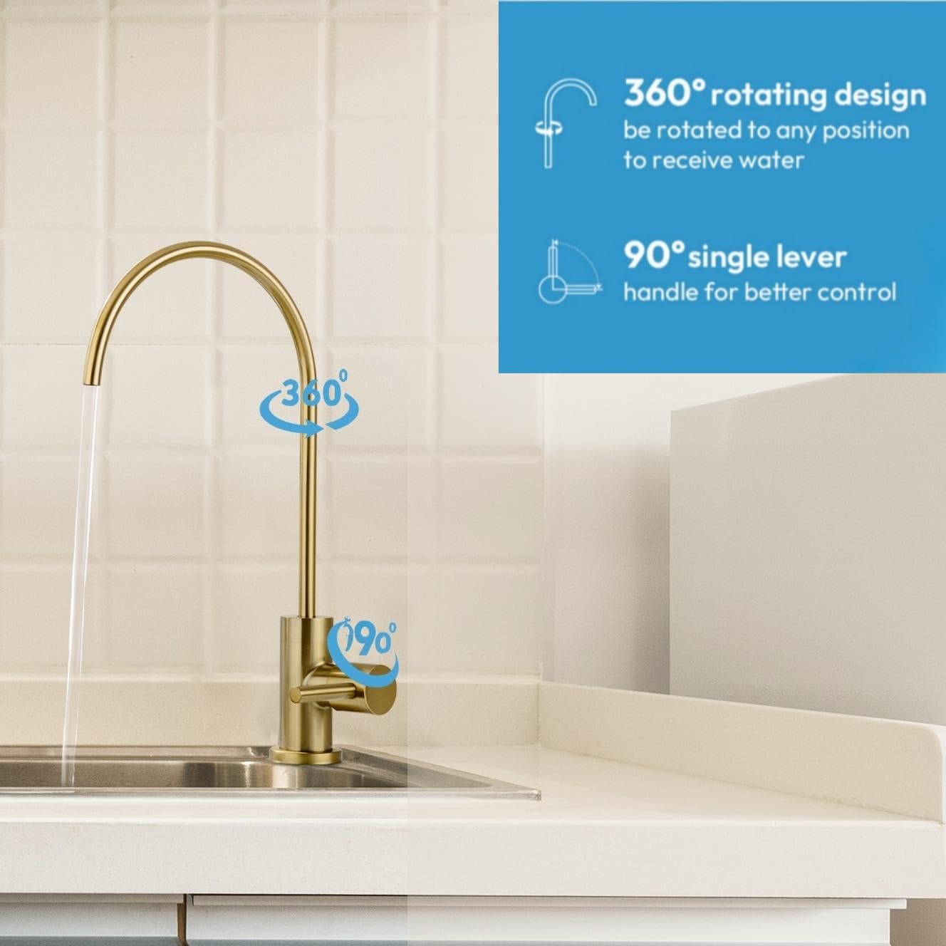Pirooso 100% Lead-Free Gold Drinking Water Filter Faucet - Compatible with Most Reverse Osmosis & Water Filtration Systems - 360° Swivel Brushed Gold Kitchen Sink Faucet - Perfect for Clean Drinking Water & Healthy Cooking