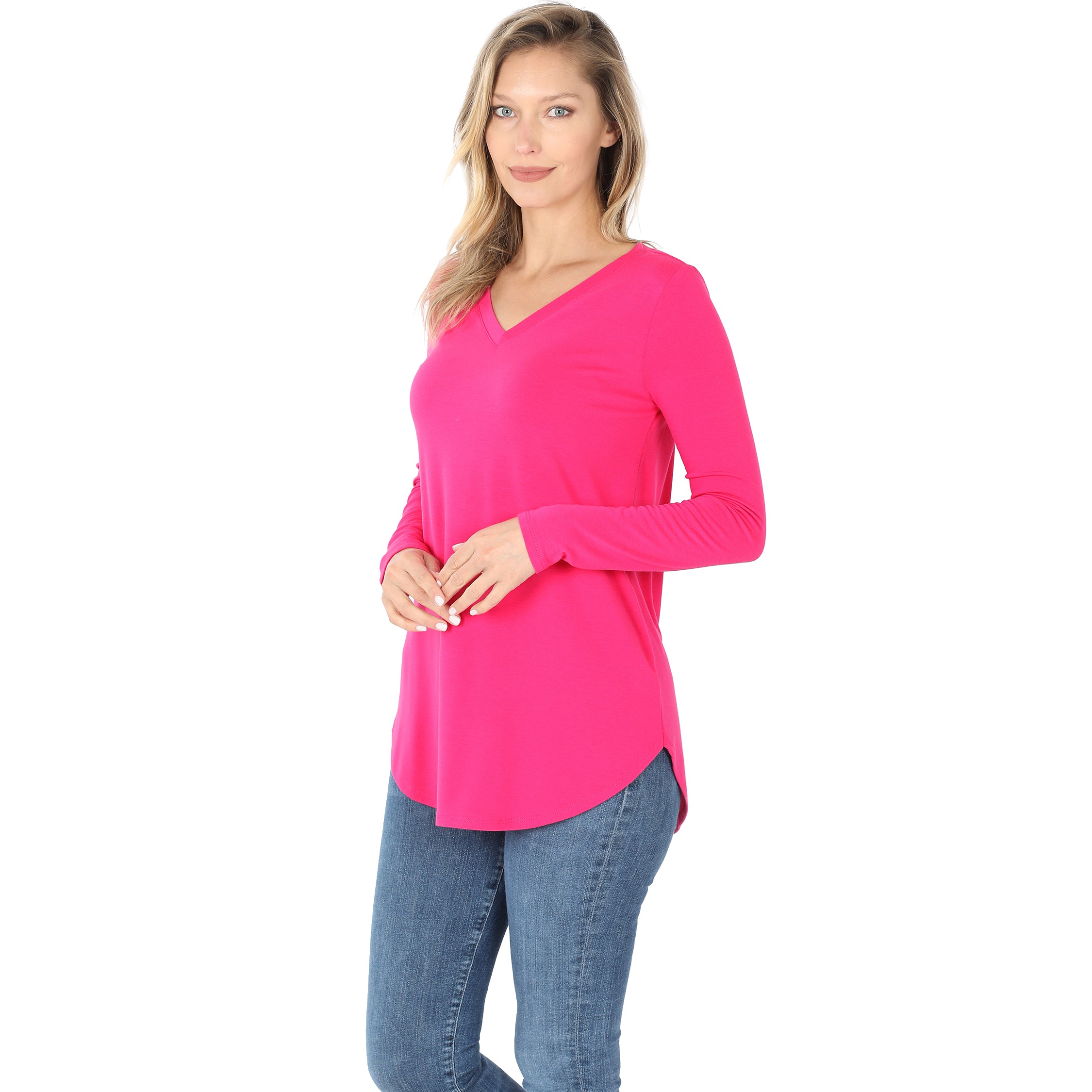Women's Long Sleeve V Neck Scoop Front & Back Stretch T-Shirt - Casual Comfort Top for Everyday Wear, Work & Date Night