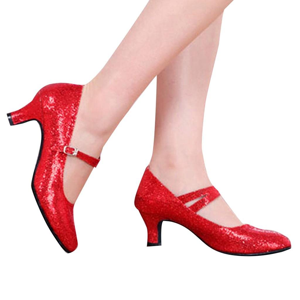 Modern Mid-Heel Latin Dance Shoes for Women - Soft Sole Closed-Toe Sequined High Heels, Perfect for Ballroom, Salsa, and Social Dancing