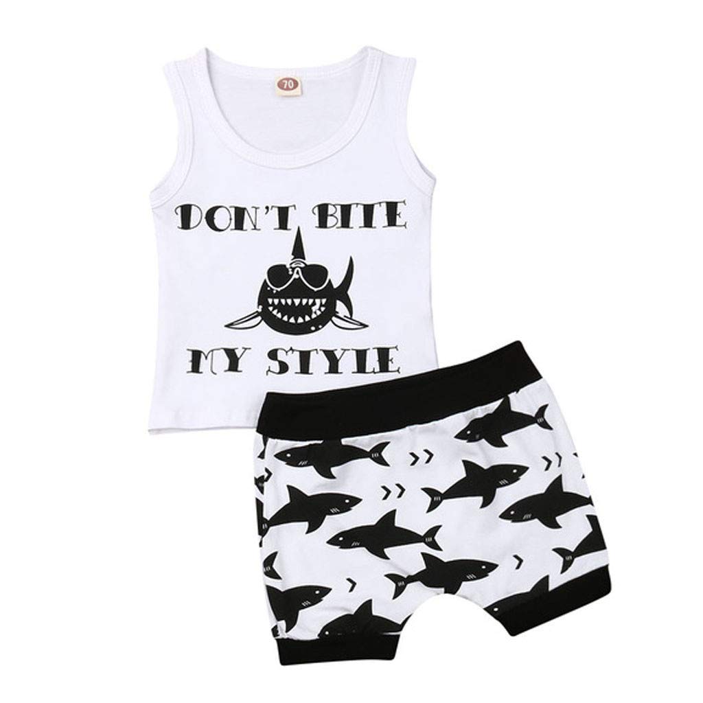 Boys' Summer Outfits - Cartoon Shark Print Sleeveless Vest & Shorts Set | 100% Cotton Toddler Clothes for Beach, Playground & Outdoor Activities
