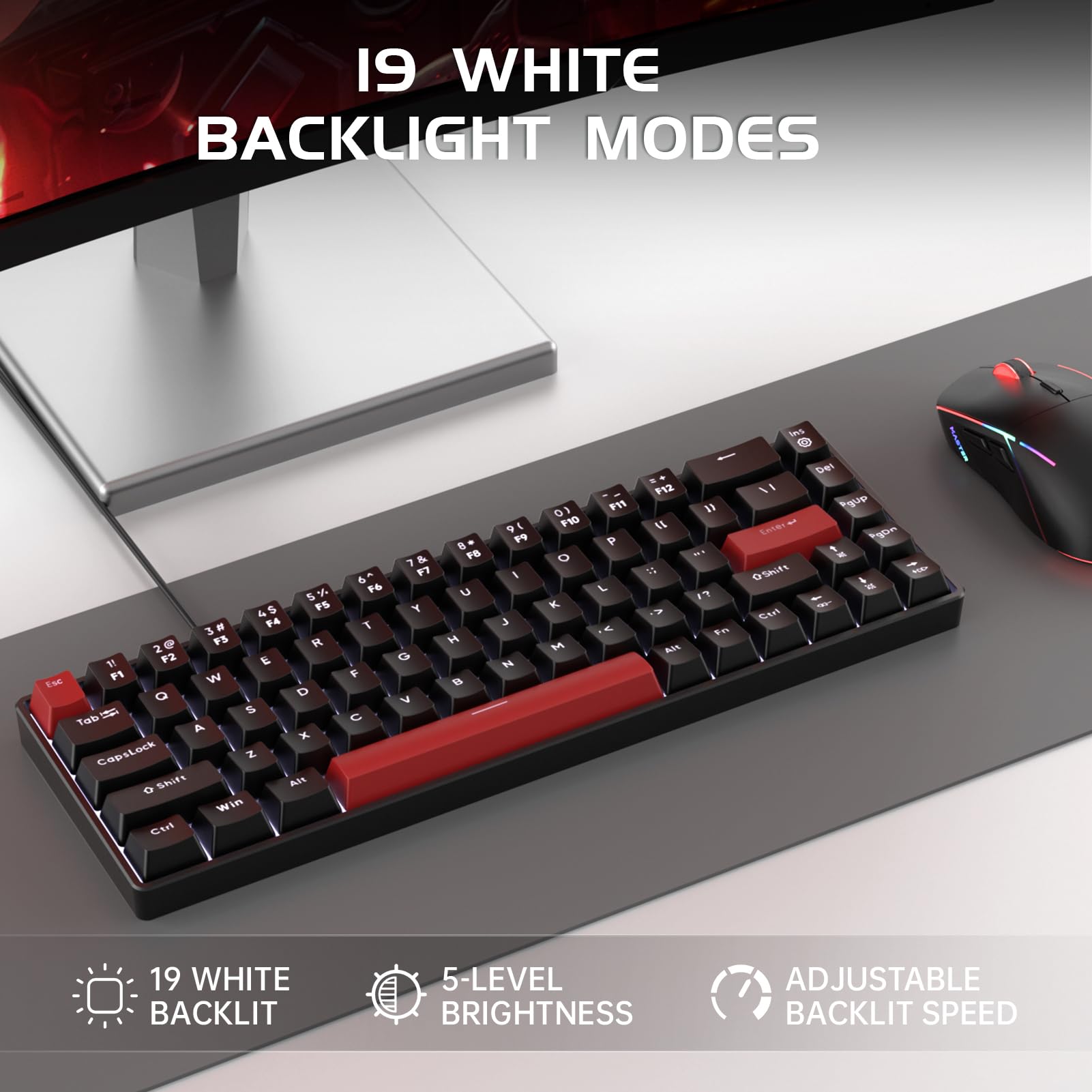 FFJ 60% Compact Mechanical Gaming Keyboard - 68 Keys with Linear Red Switches, Anti-Ghosting, White LED Backlight - Wired USB for Windows PC, Mac, Laptop Gamers (Black) | Perfect for Esports, Office Work & Small Desk Spaces