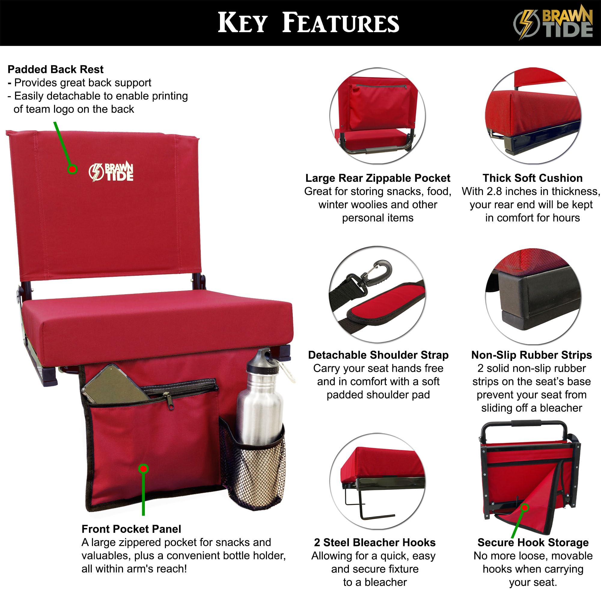 BRAWNTIDE Wide Stadium Seat with Extra Thick Cushion - Lightweight Folding Chair with Back Support & Storage Pockets | Perfect for Football Games, Concerts, Camping & Outdoor Events