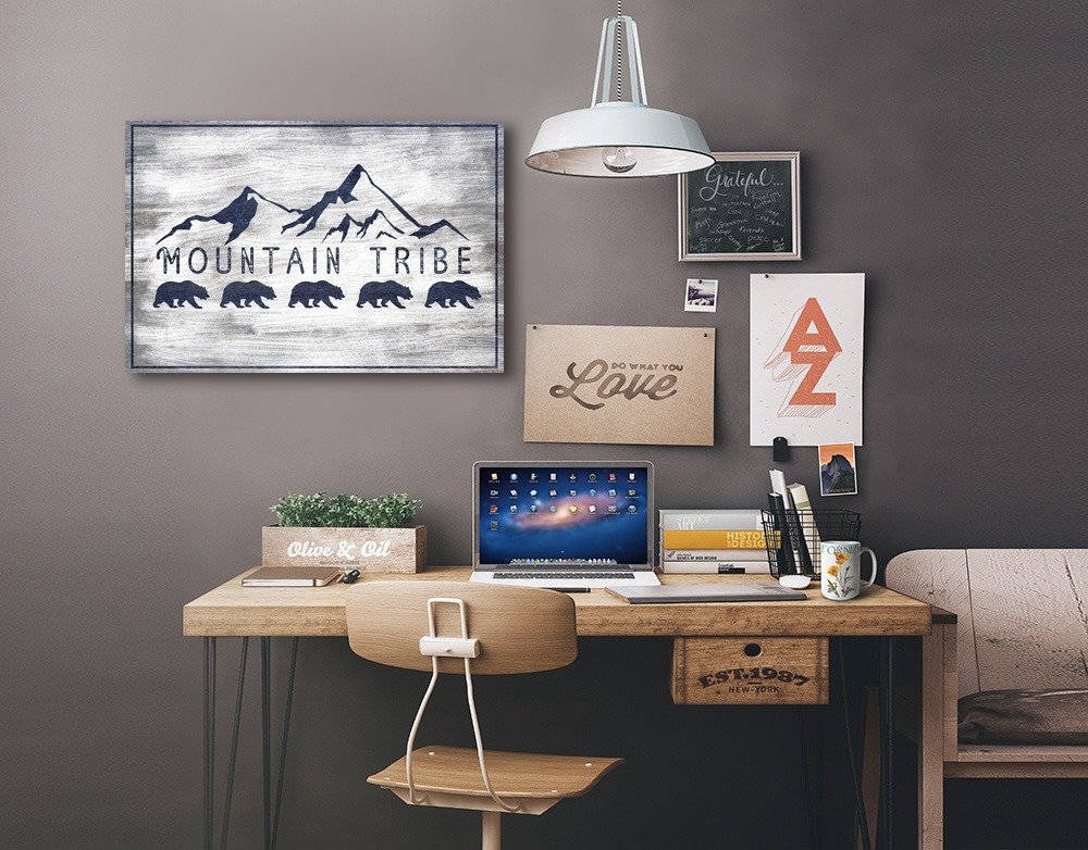 Grizzly Bear and Mountain Landscape Rustic Wall Art - 16x24 Wrapped Canvas Painting for Living Room, Cabin & Office Decor