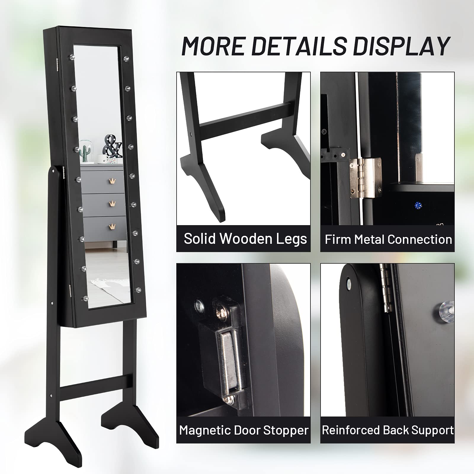 **LDAILY Standing Jewelry Armoire with 18 LED Lights - Mirrored Jewelry Cabinet Organizer for Necklaces, Earrings & Accessories - Full-Length Mirror with Large Storage for Women & Girls (Black) - Perfect for Bedroom, Closet & Dressing Room**