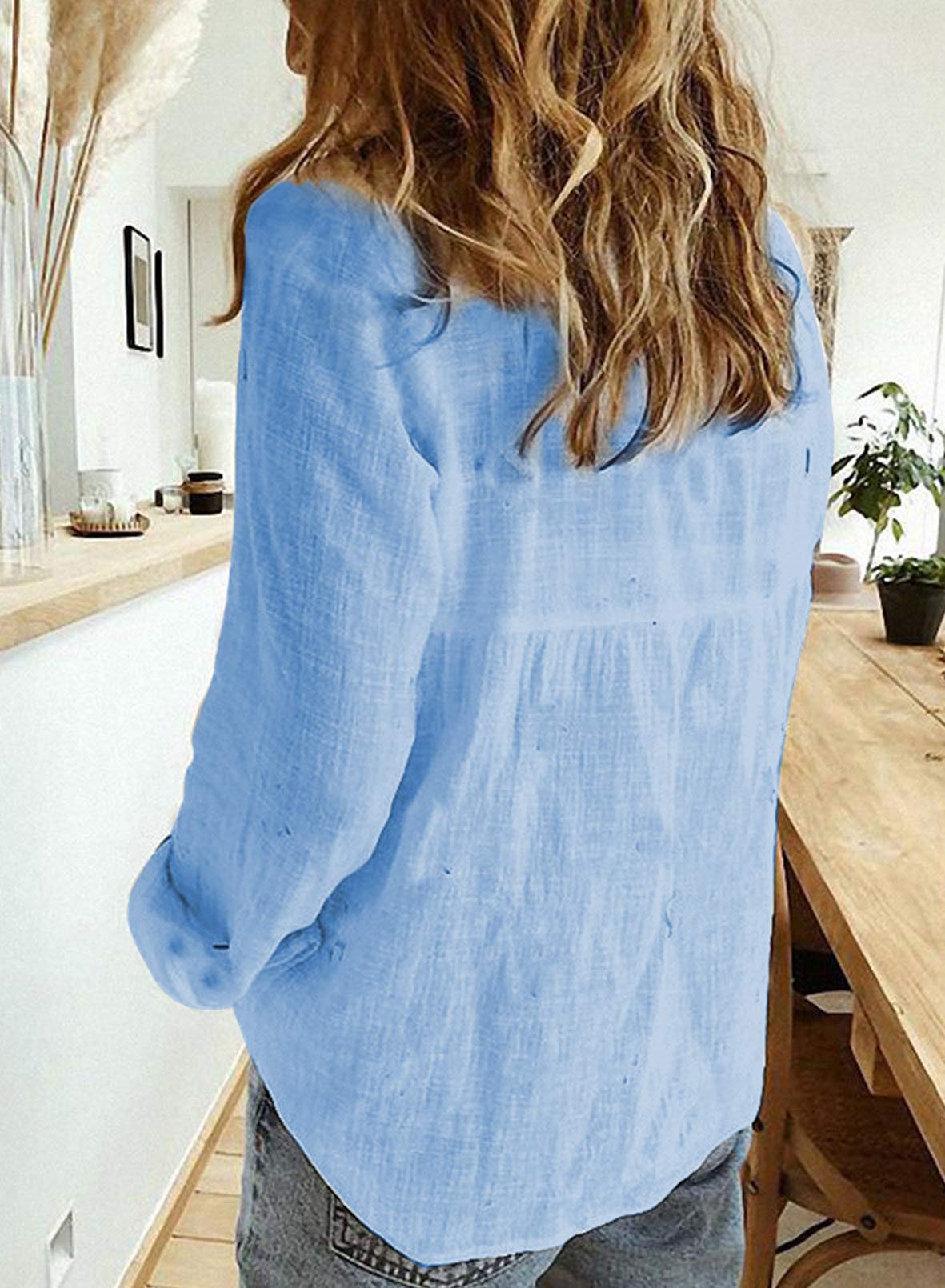Stylish Women's V-Neck Roll-Up Sleeve Button Down Blouse Tops - Casual Office Wear & Summer Outfits