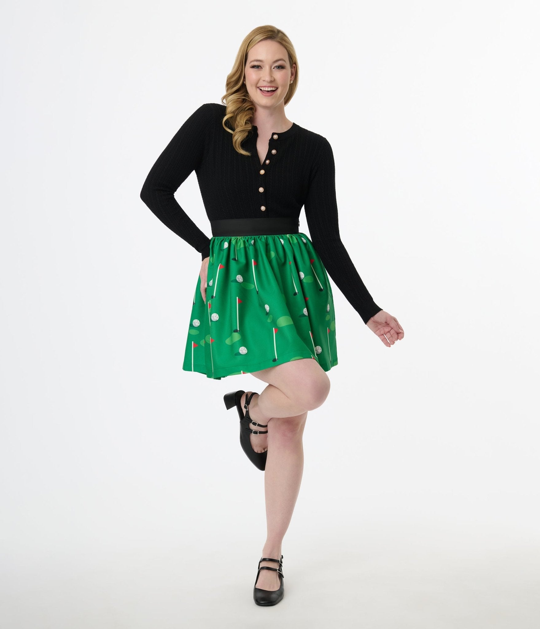 Smak Parlour 1950s Green Golf Print Gathered Mini Skirt | Vintage Style Golf-Themed Skirt for Women | Perfect for Golf Outings, Retro Parties & Casual Wear