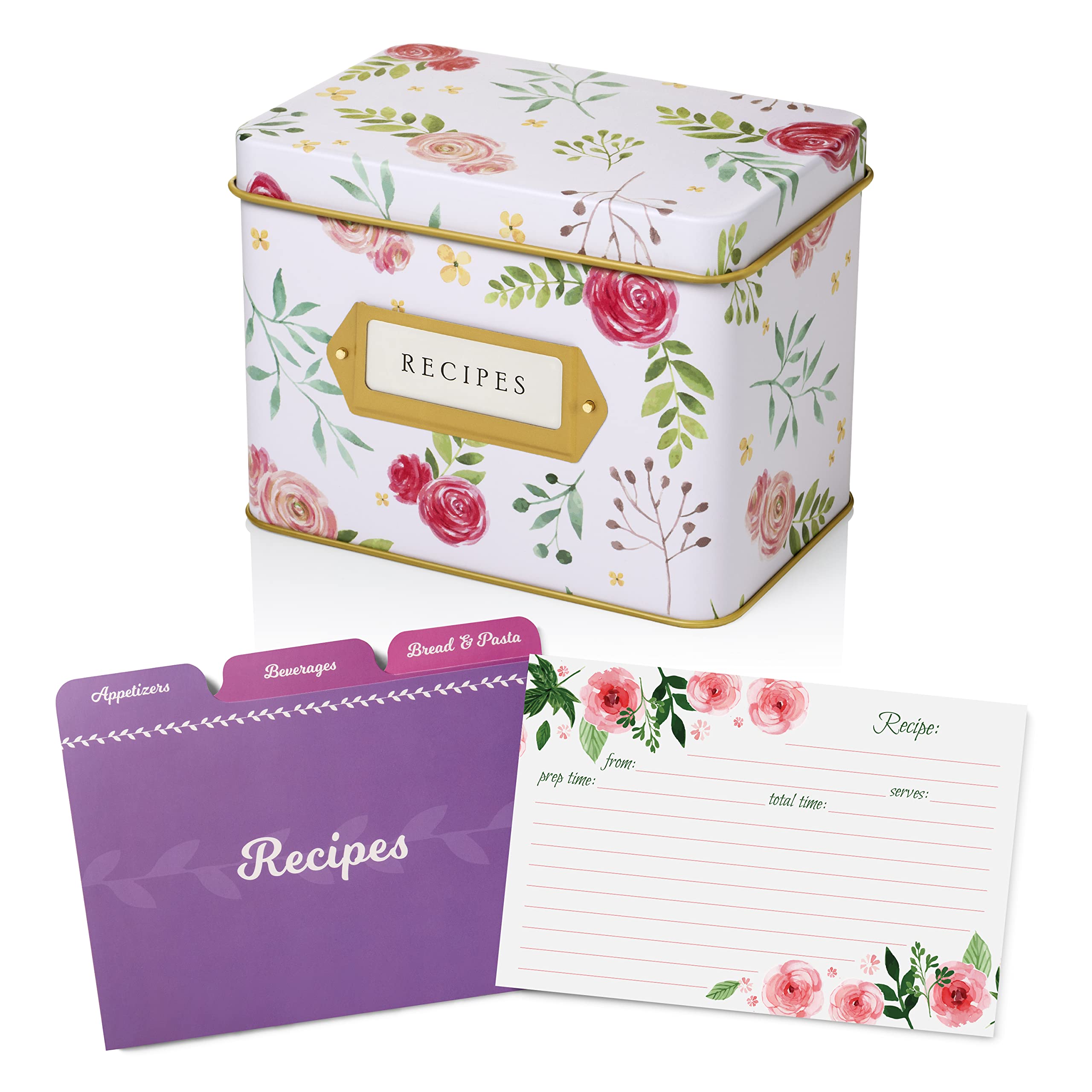 Jot & Mark Recipe Card Gift Box - 25 Pack 4x6 Inch Recipe Cards with 14 Dividers & Decorative Tin Storage Box - Perfect for Organizing Family Recipes, Meal Planning, and Holiday Gifting