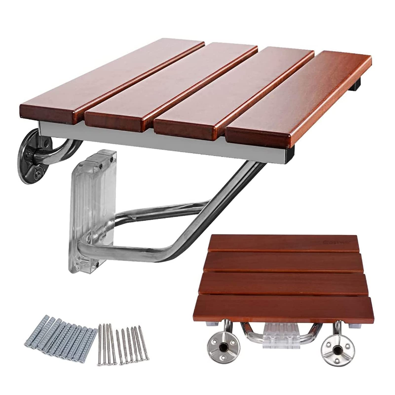 Foldable Wall Mounted Shower Seat Bench - 300lb Capacity Waterproof Wooden Bath Stool for Elderly & Disabled - Space Saving Medical Shower Chair for Small Bathrooms & Accessible Showers