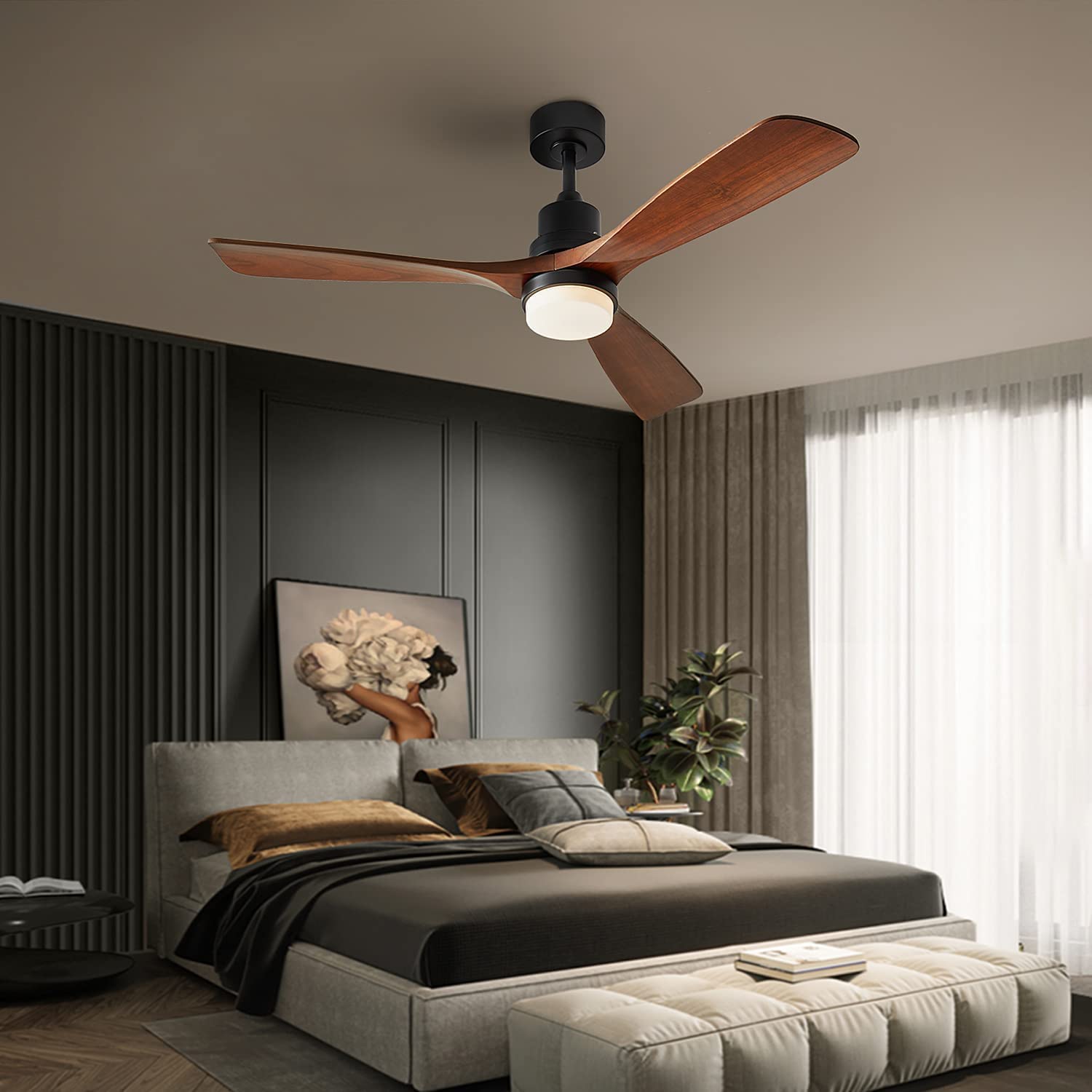 KEYRIFI 52 Inch Modern Ceiling Fan with LED Light, 3 Blades Wooden Reversible DC Motor, Remote Control - Ultra Quiet for Bedroom, Living Room, Office, Patio & Outdoor Use
