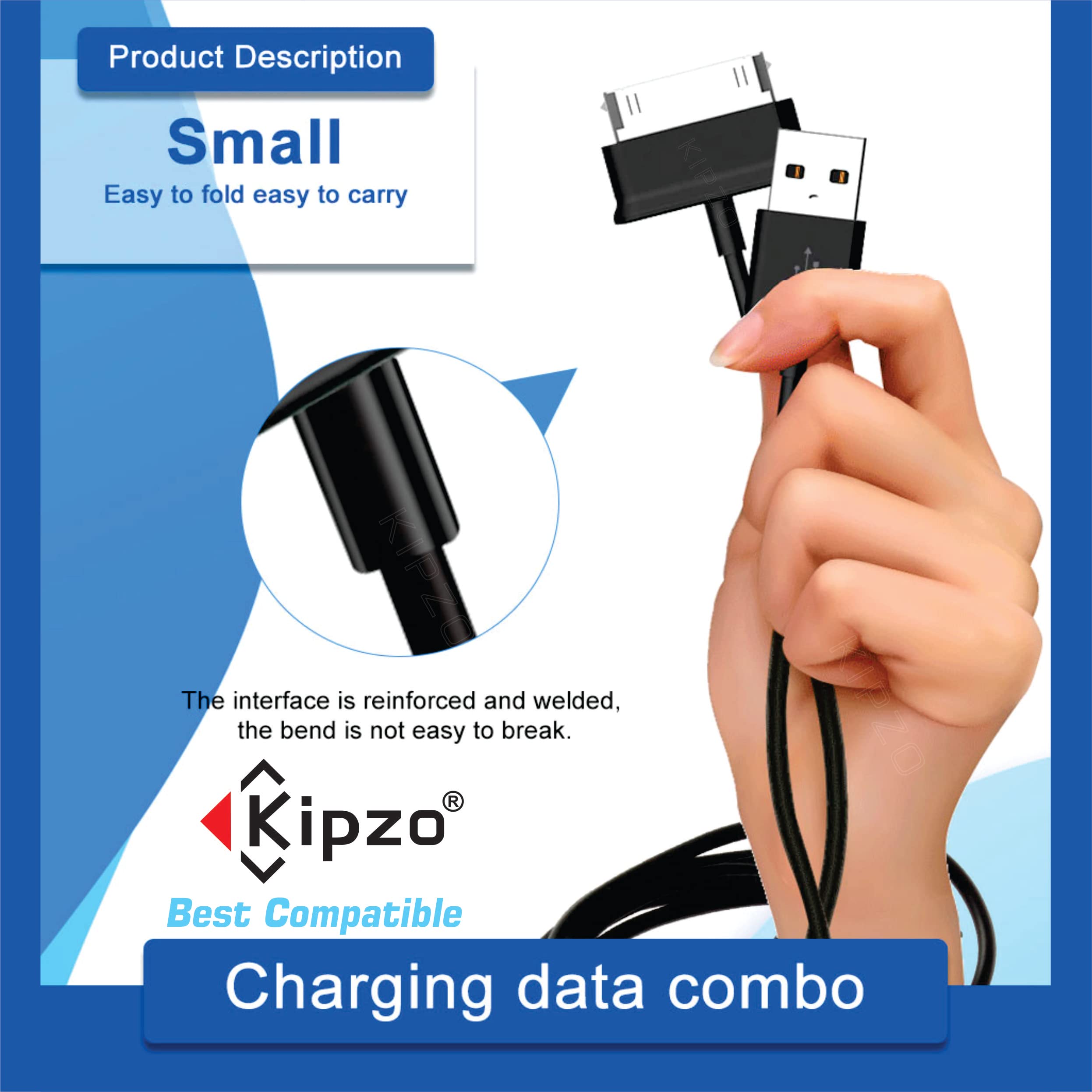 KIPZO USB to 30 Pin Fast Charging & Data Sync Cable for Samsung Galaxy Tab 2 10.1 (P5110/P5100/P3100), Tab 7.1, Note 10.1 (N8000/P7500/P7510) - High Speed Charger Cord for Home, Office & Travel - Black