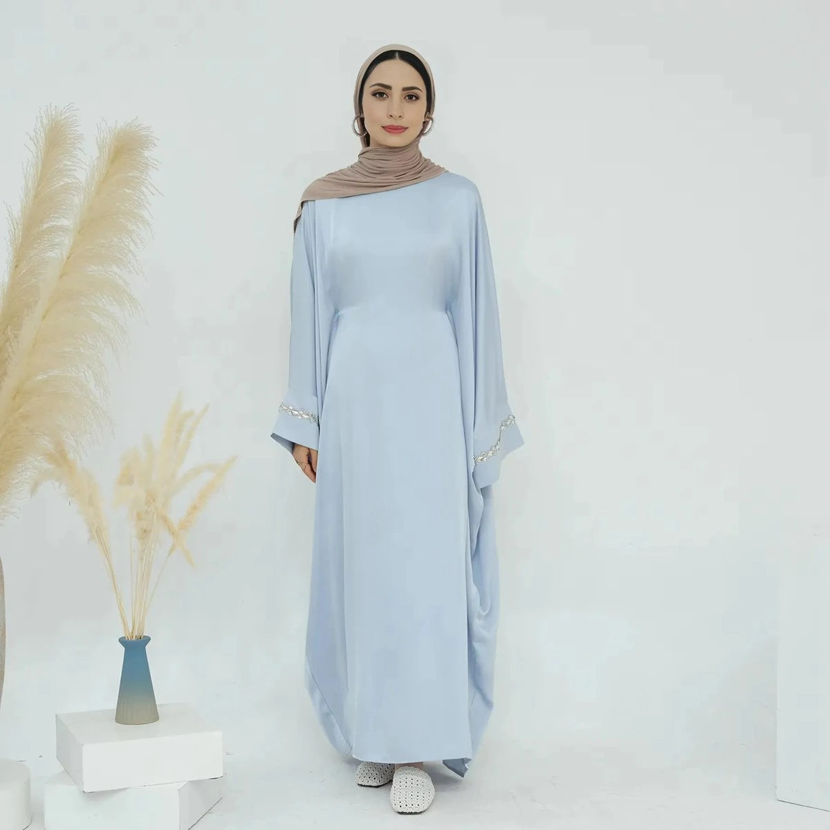 Hotfix Rhinestone Satin Abaya Dress #25814 - Elegant Islamic Evening Gown for Women, Perfect for Weddings, Parties & Special Occasions