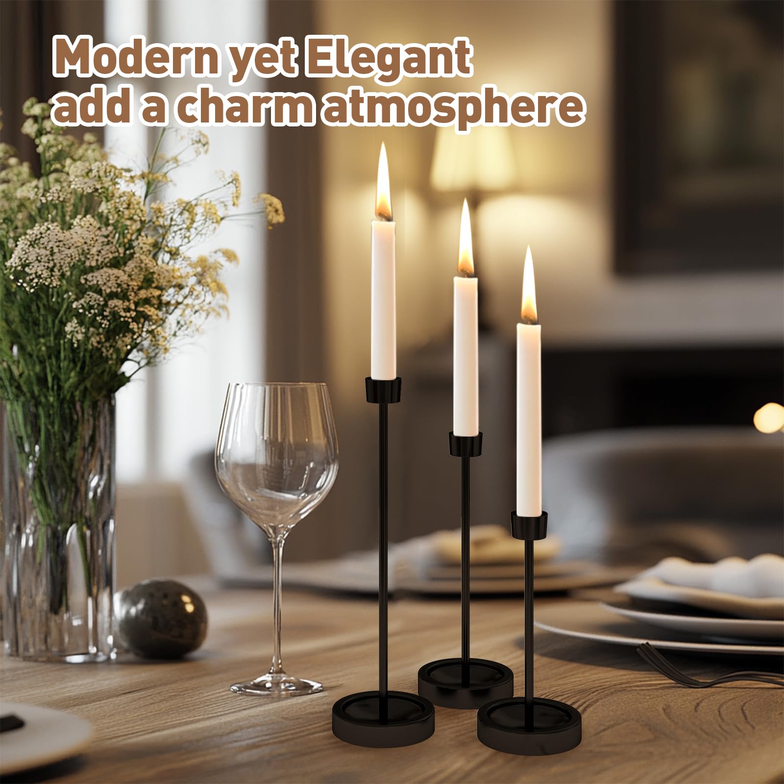 Black Metal Candlestick Holders Set of 6 - Modern Taper Candle Holders for Table Centerpiece Decor - Perfect for Weddings, Dinner Parties, Festivals & Housewarming Gifts - Elegant Home Decor for Living Room, Dining Table & Special Occasions
