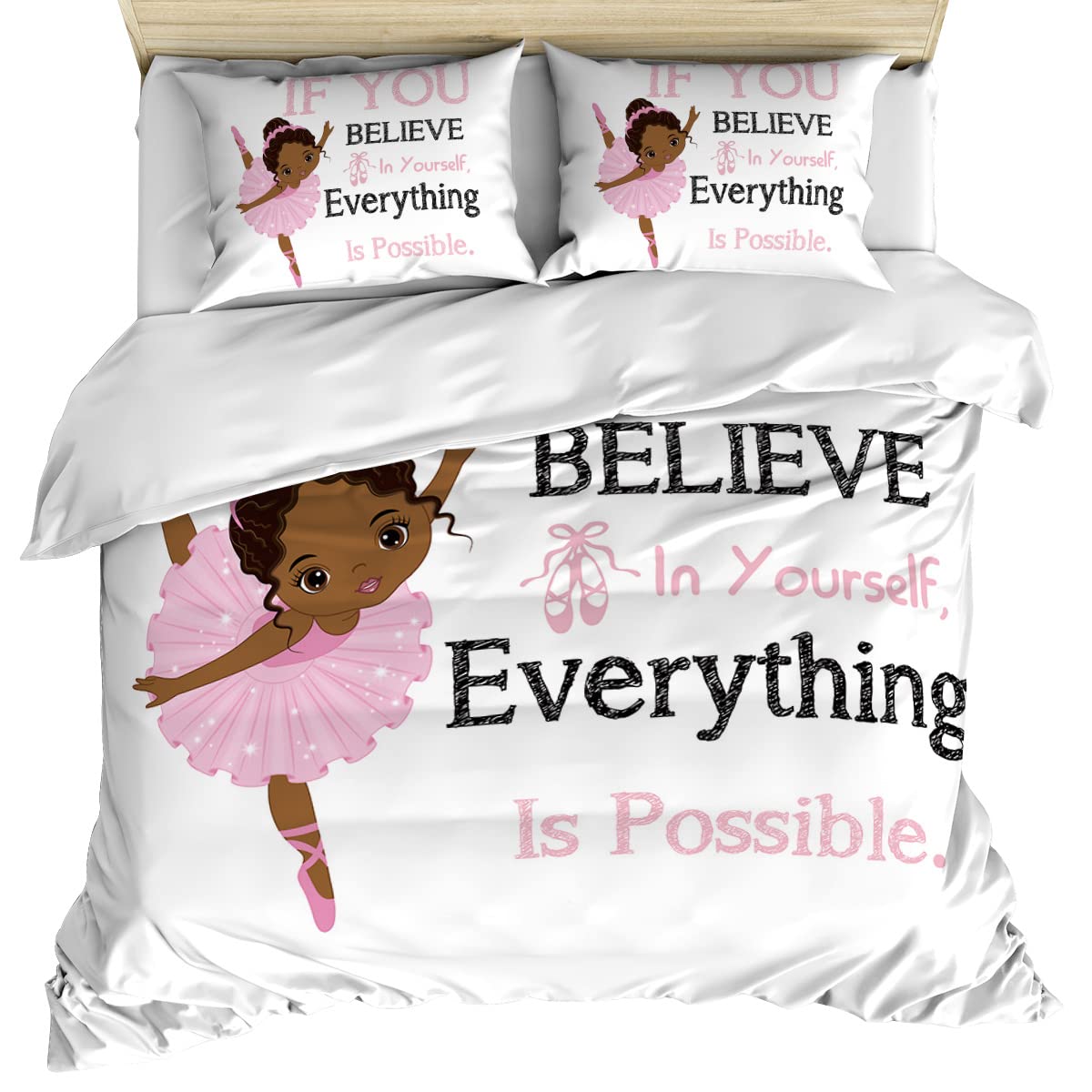 3-Piece Full Size Duvet Cover Set - Soft Microfiber Ballet Girl in Pink Dress Bedding with Comforter & Pillowcases | African American Girl Inspiring Design | Perfect for Kids' Room, Teen Bedroom & Dorm Decor