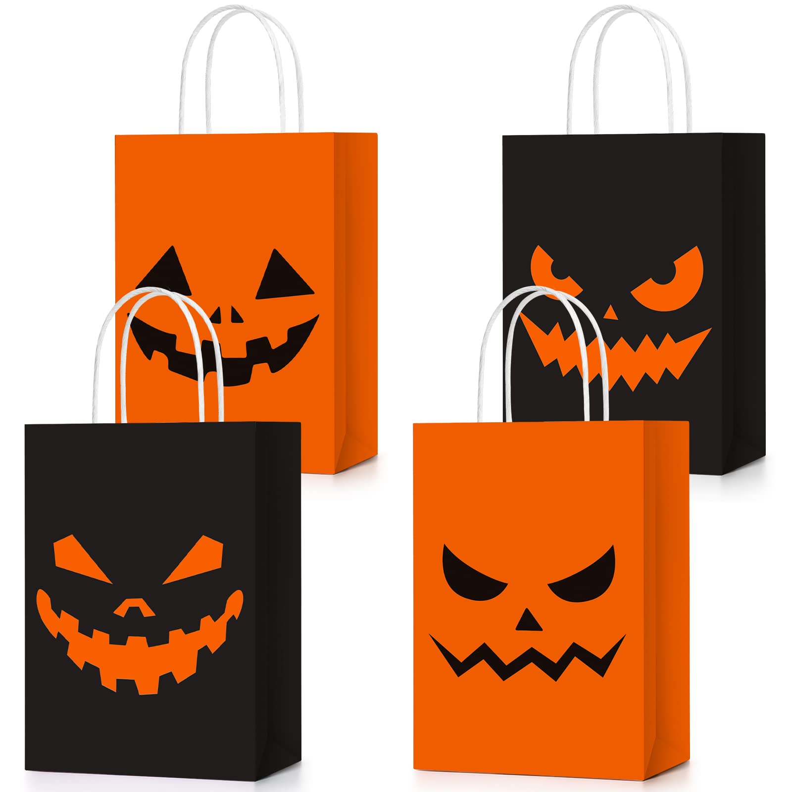 24 Pack Halloween Treat Bags with Handles - Orange & Black Paper Gift Bags for Candy, Goodies & Party Favors | Halloween Party Supplies, Trick or Treat, Classroom Treats & Holiday Snacks (Bright Style)