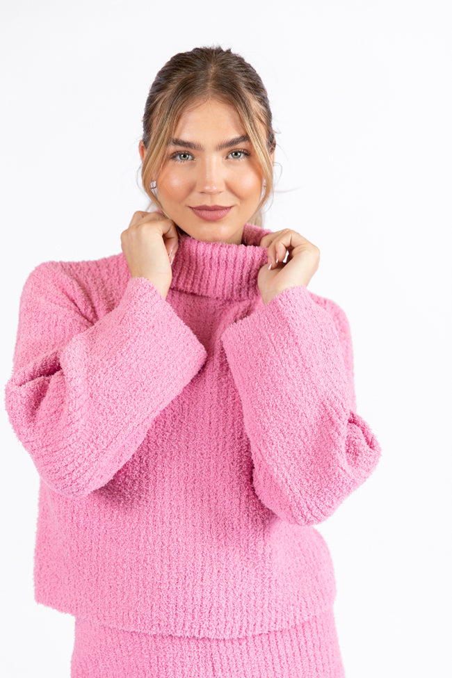 Cozy Candy Pink Fuzzy Turtleneck Sweater Set - Women's Winter Knitwear Outfit | Perfect for Casual Wear, Holiday Parties & Cold Weather Fashion