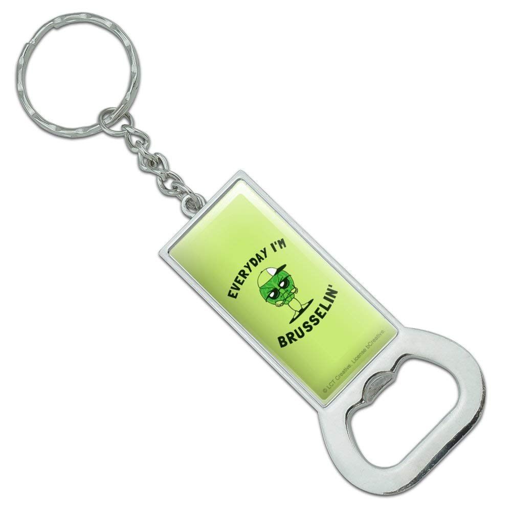 Funny Brussels Sprouts Keychain - Chrome Plated Metal Bottle Opener with Humorous 'Everyday I'm Brusselin' Design - Perfect for Kitchen Gifts, Beer Lovers & Unique Accessories