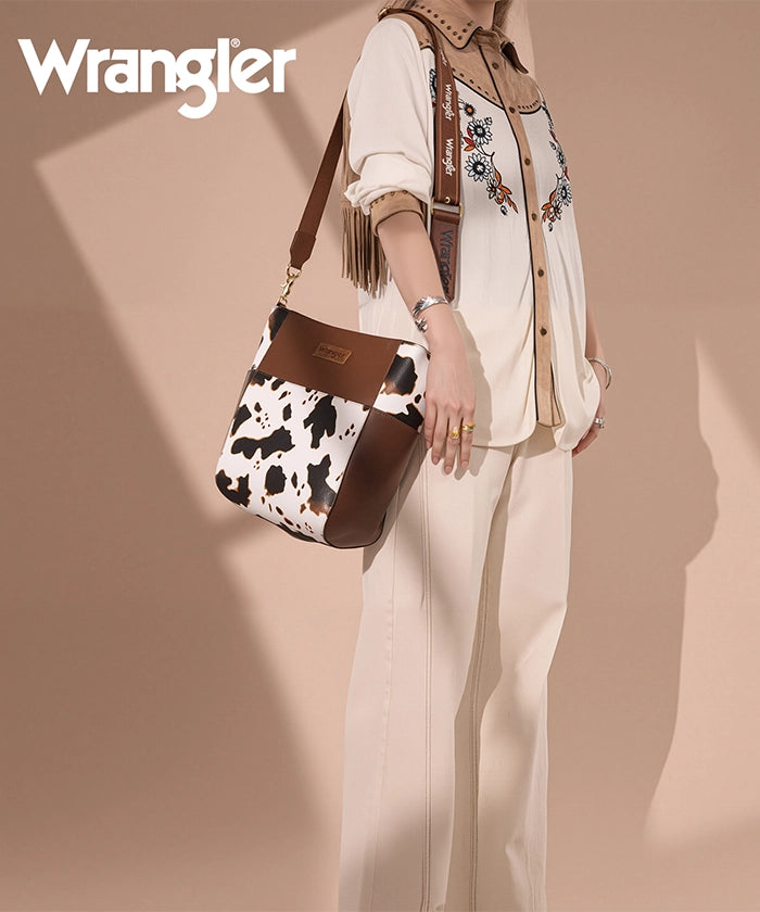 Wrangler Cow Print Crossbody Bucket Bag for Women - Stylish Western Handbag with Adjustable Strap - Perfect for Daily Use, Travel & Country Music Festivals