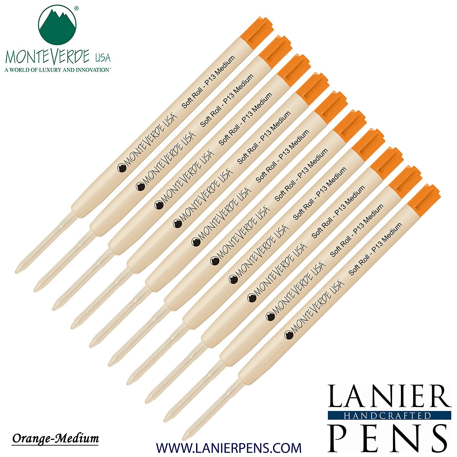 Monteverde SoftRoll Ballpoint Pen Refills 10-Pack - P13 Paste Ink Refills Compatible with Parker Style Pens - Medium Tip 0.7mm Orange Ink - Perfect for Office, School & Everyday Writing