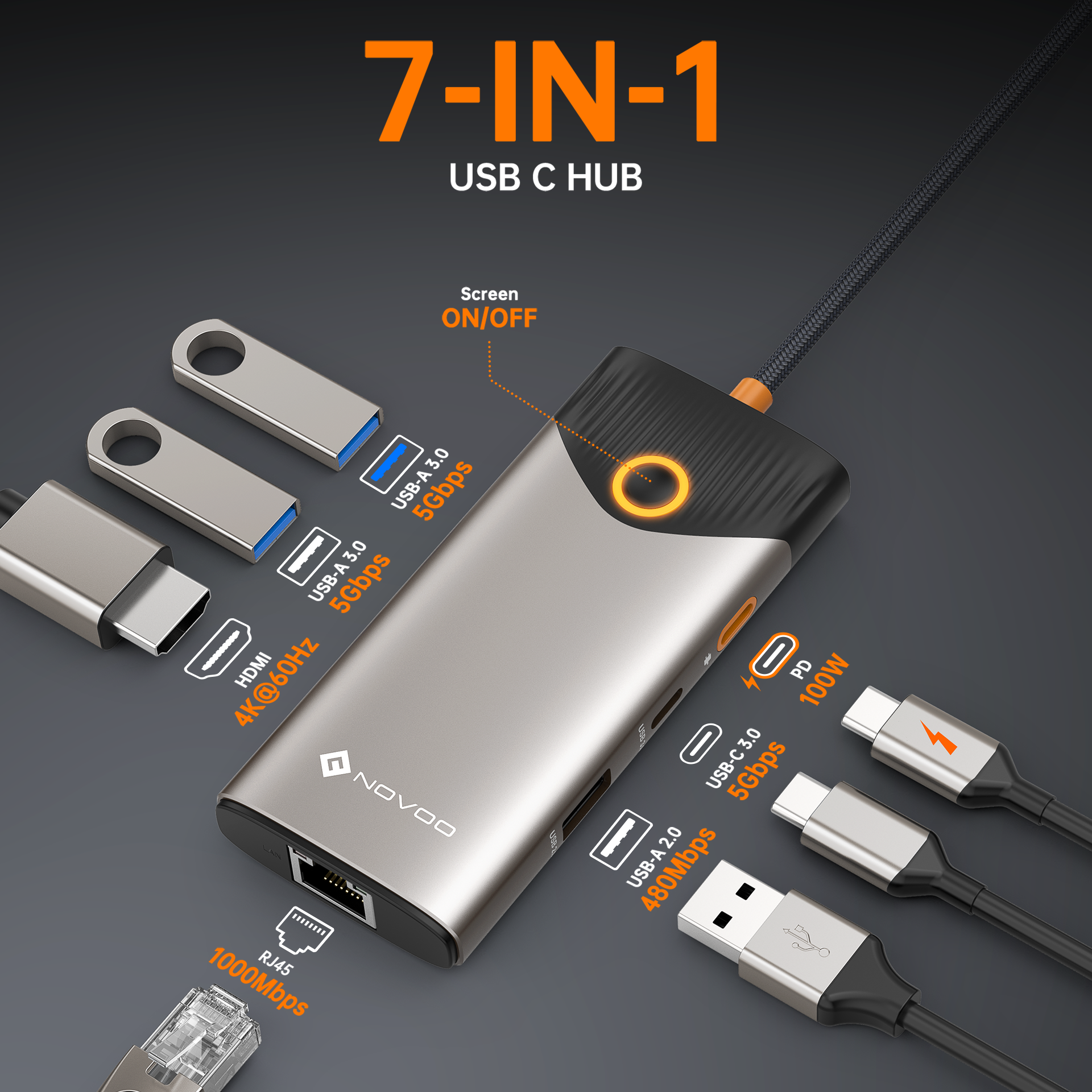 NOVOO T7 7-in-1 USB C Docking Station with HDMI, USB 3.0, Ethernet & SD Card Reader - Perfect for Laptop, MacBook, iPad Pro & More | Home Office & Remote Work Setup
