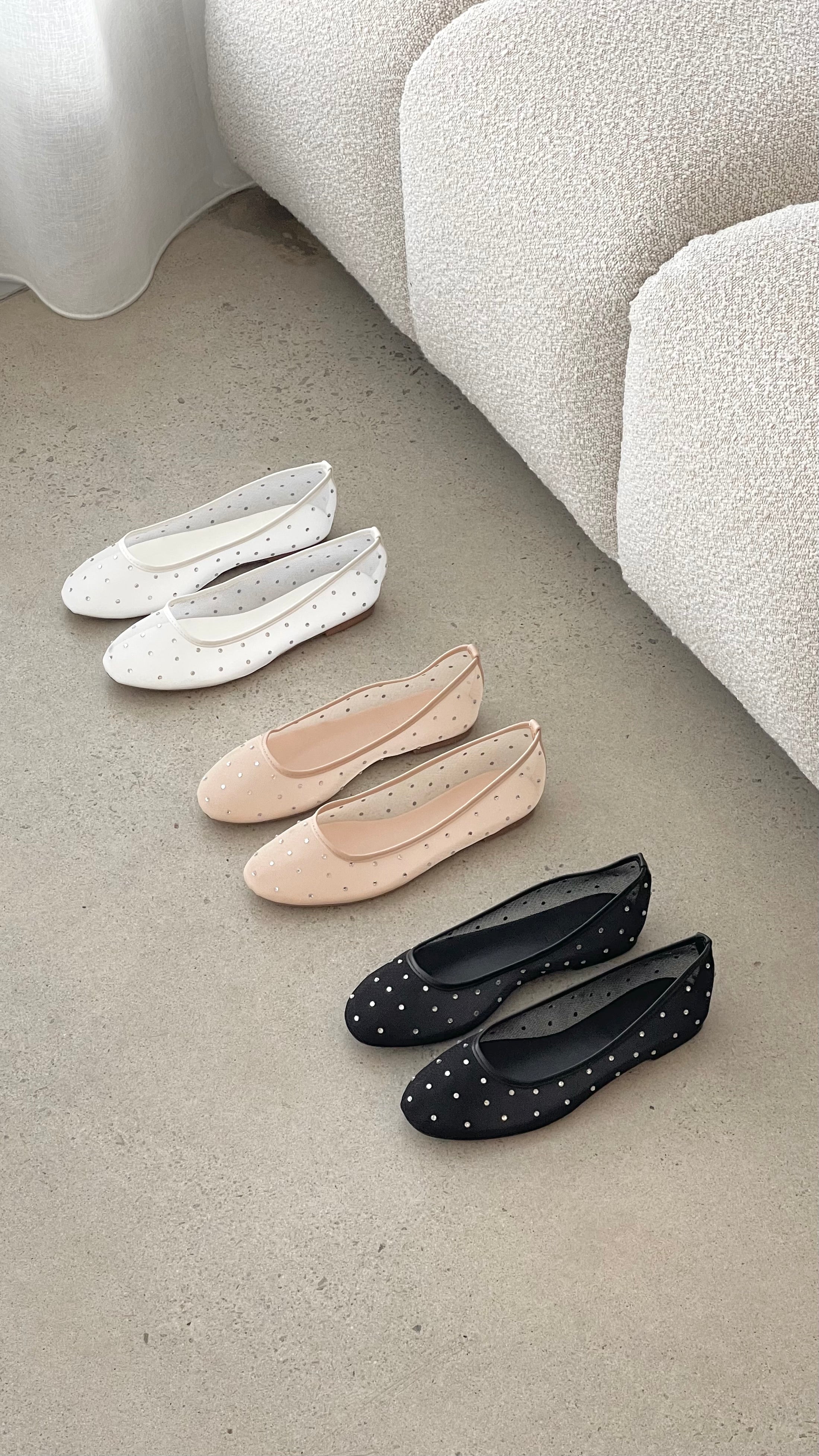 Gerani Flats - Black Mesh Diamante Women's Comfortable Ballet Shoes for Casual Wear & Office