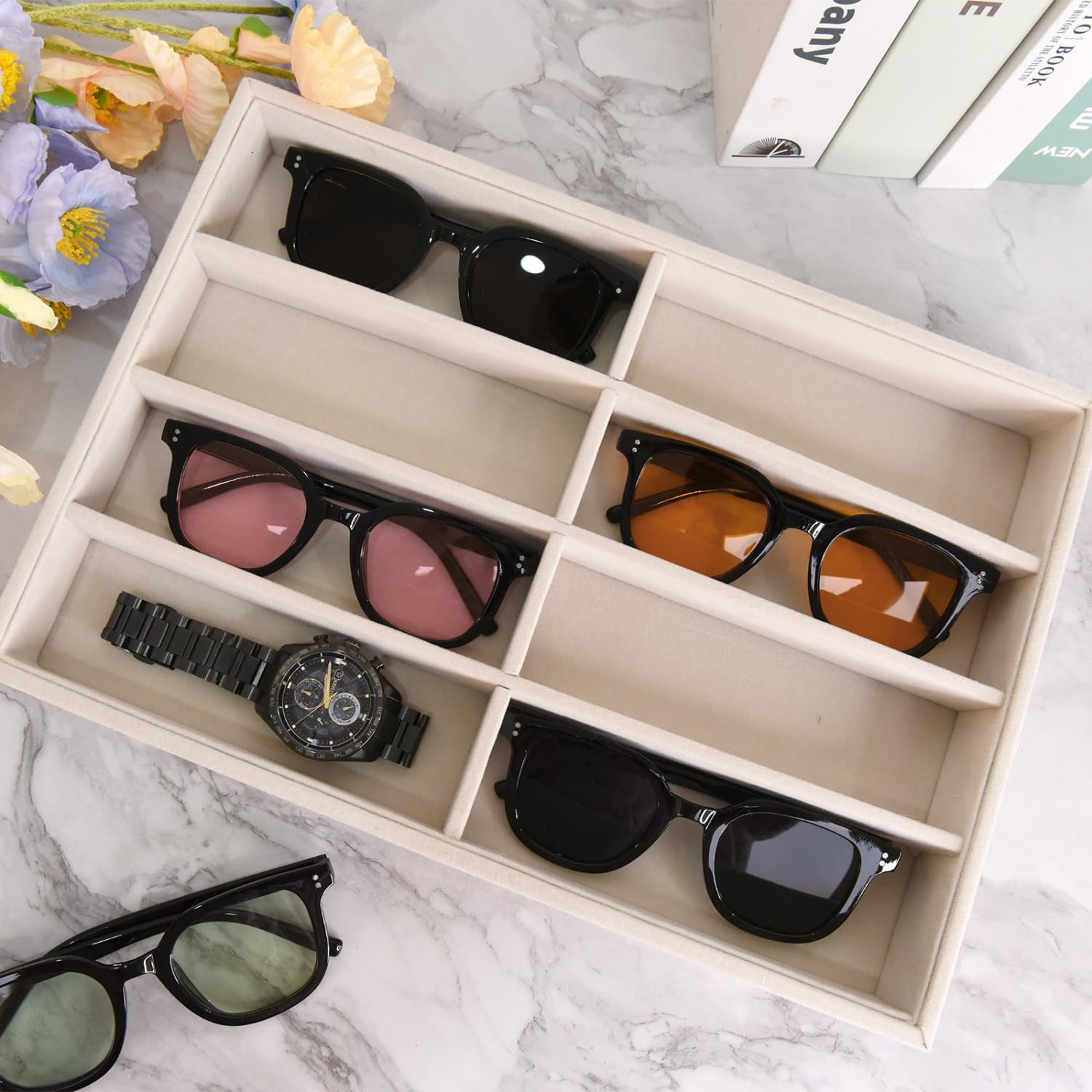 Premium Velvet Sunglasses Organizer & Jewelry Tray - Eyeglasses Holder with Soft Lining for Displaying Sunglasses, Watches, Rings & Accessories - Perfect for Dresser Top, Vanity, Travel & Retail Store Display