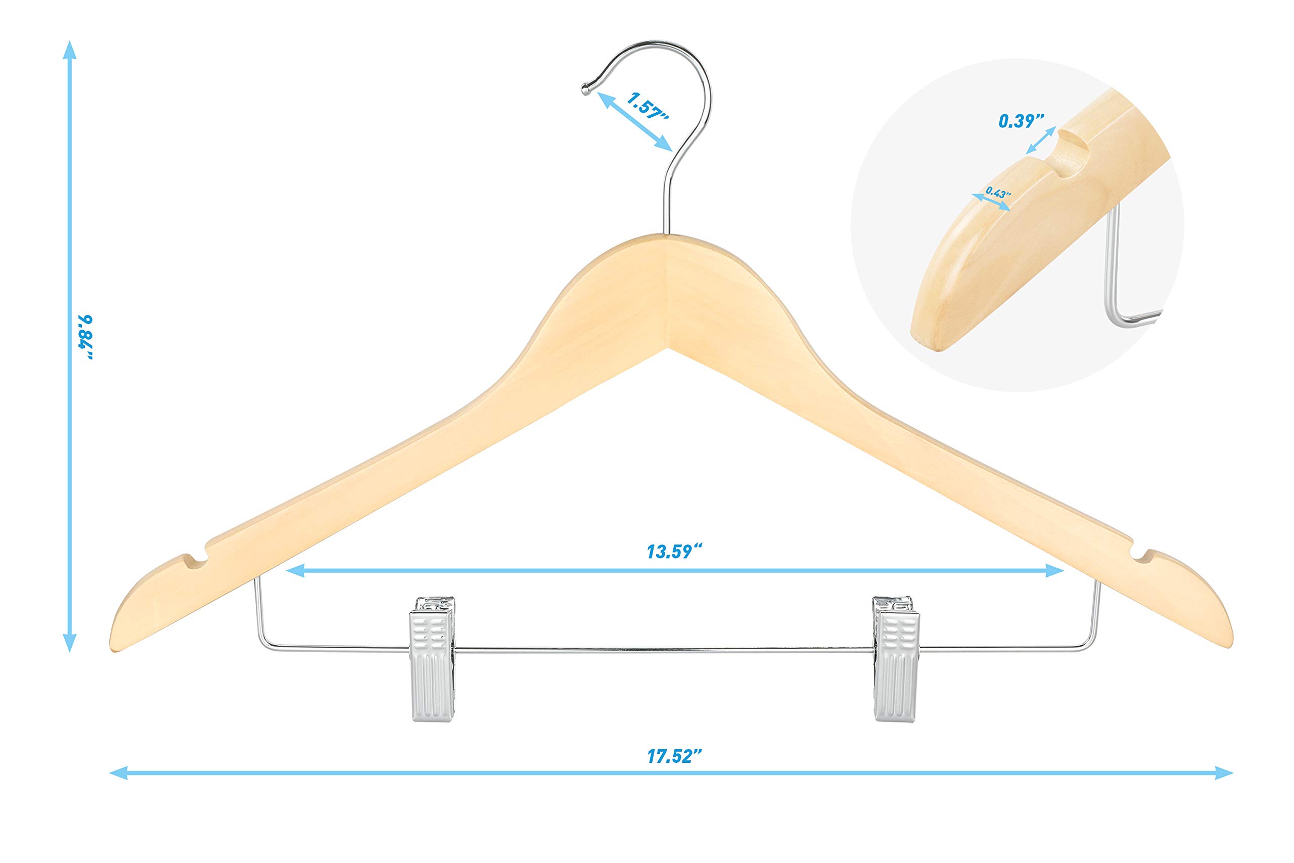Premium Wooden Clothes Hangers 10 Pack - Adjustable Metal Clips & 360° Swivel Hook for Suits, Pants, Skirts, Jeans, Coats & Jackets | Ideal for Closet Organization, Wardrobe Storage & Travel Use - TOPIA HANGER CT28N