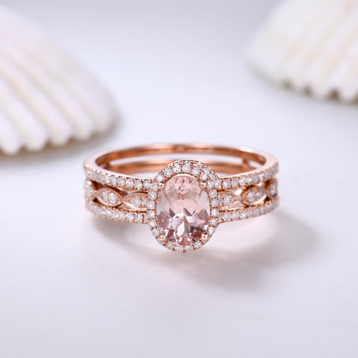 Stackable Oval Cut Morganite Engagement Ring Set with Diamond Accent Double Row Band - Perfect for Bridal, Wedding, and Anniversary Gifts