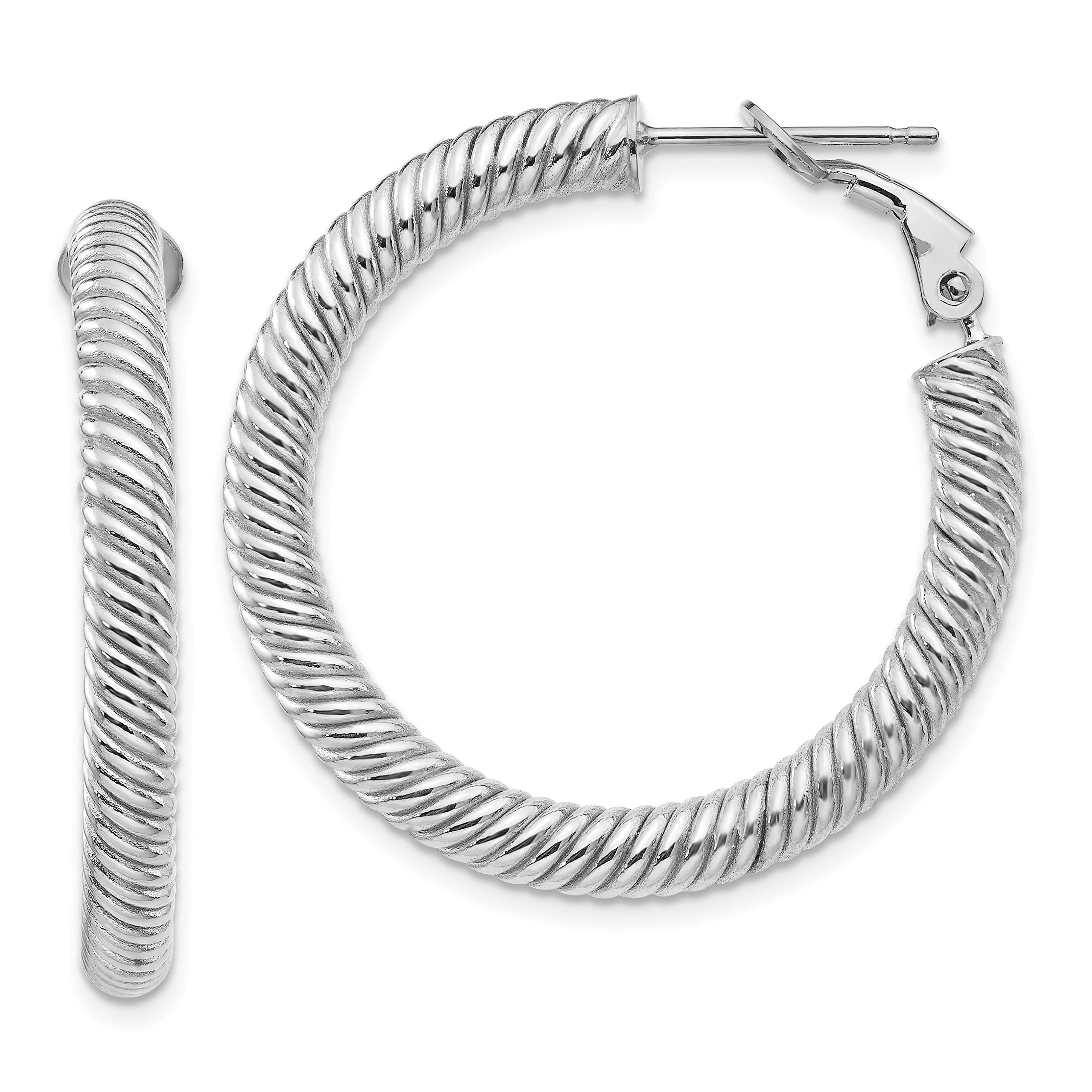 14K White Gold Twisted Round Omega Back Hoop Earrings - 4x25mm Elegant Dangle Earrings for Women, Perfect for Weddings, Parties & Everyday Wear