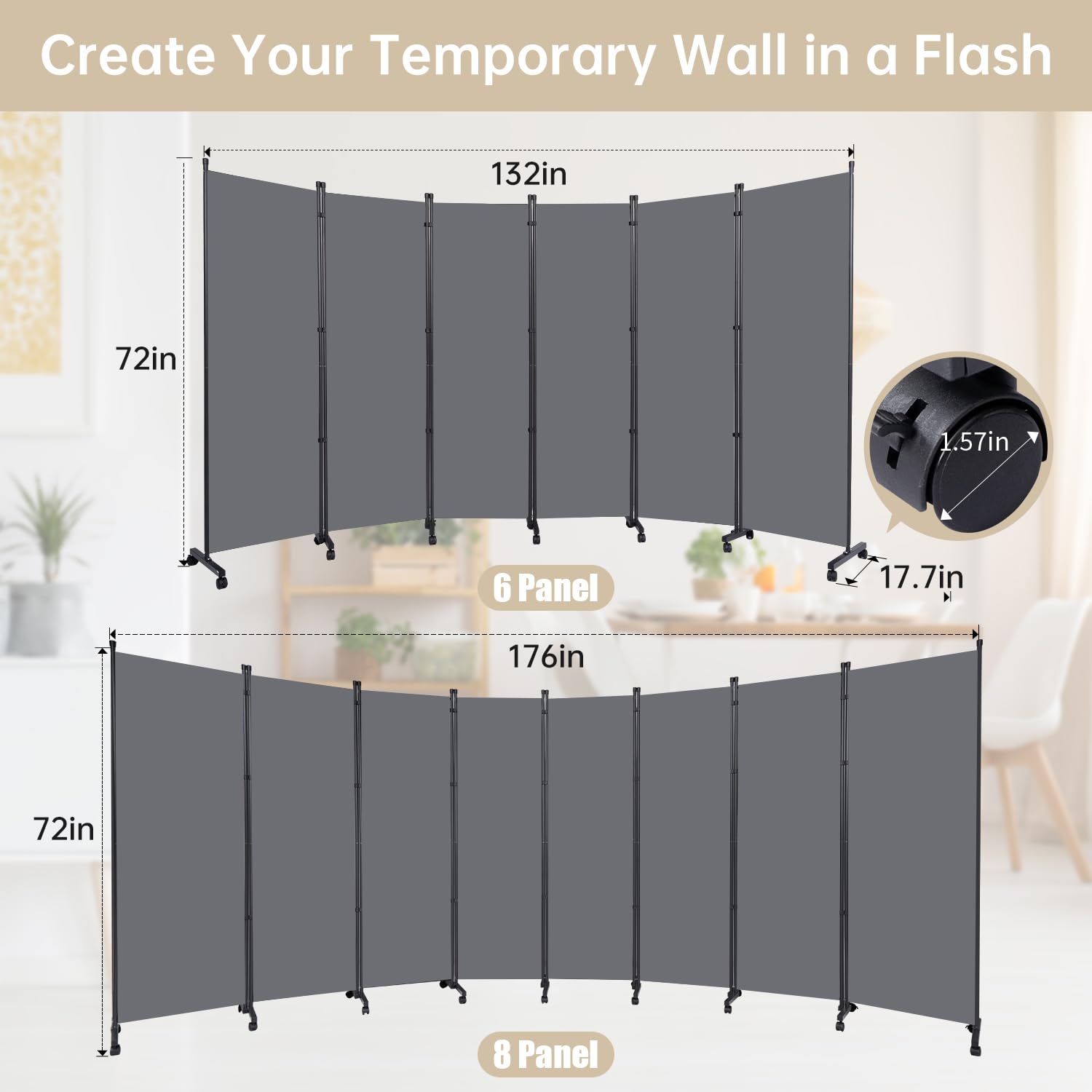 6 Panel Room Divider with Wheels - Portable Fabric Partition Screen for Office, Bedroom & Living Room - Privacy Room Separator for Home & Workspace Decor