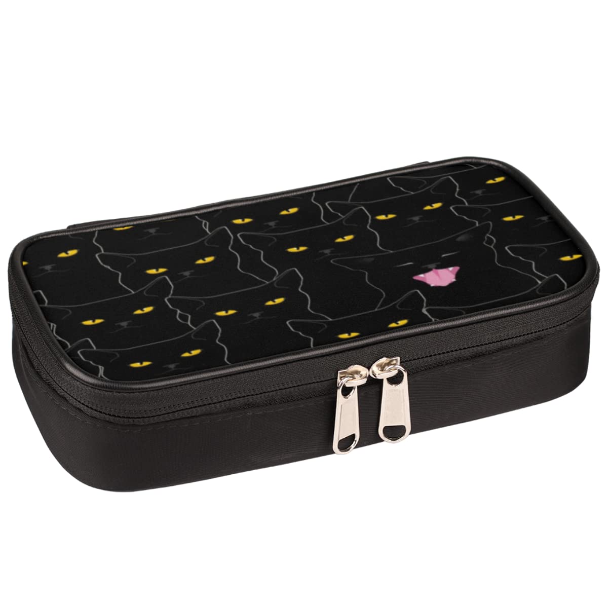 Funny Black Cat Pencil Case - Large Capacity Canvas Pouch for School & Office