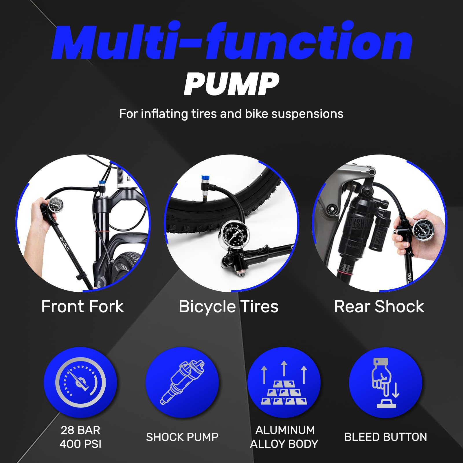 High Pressure Bike Shock Pump 400 PSI with Gauge - Mountain Bicycle Air Pump for Fork & Rear Suspension, Mini Shock Pump Compatible with Schrader Valve - Perfect for MTB Trail Riding & Suspension Maintenance