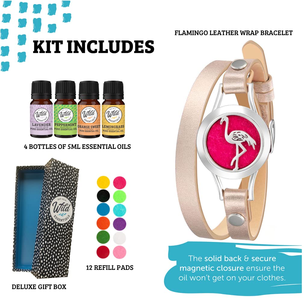 Wild Essentials Flamingo Aromatherapy Bracelet - Essential Oil Diffuser Leather Wrap Bracelet Gift Set with Lavender, Lemongrass, Peppermint & Orange Oils | 12 Refill Pads | Customizable Color Changing Perfume Jewelry for Women | Perfect for Yoga, Meditation & Stress Relief