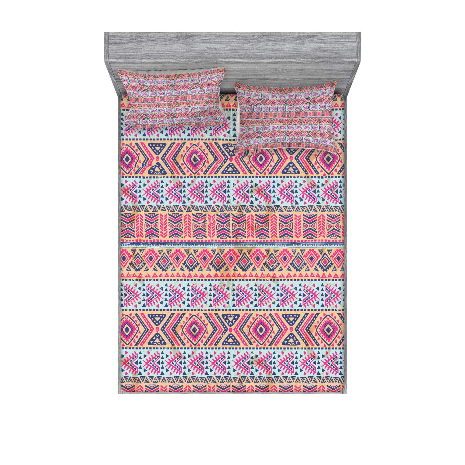Ambesonne Tribal Fitted Sheet & Pillow Sham Set - Retro Vintage Spring Pattern 3-Piece Bedding Decor - Full Size Pale Blue Indigo - Perfect for Boho Bedroom, Guest Room & Dorm Decor