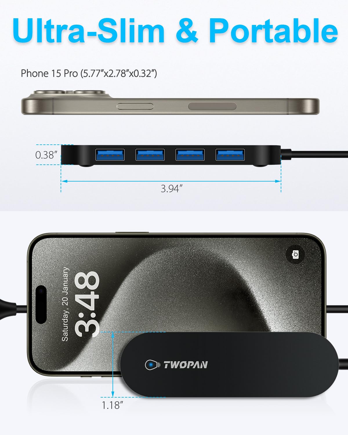 4-Port USB 3.0 Hub with 4ft Extended Cable - Ultra Slim USB Splitter for Laptop, MacBook Pro/Air, Chromebook, Surface Pro, XPS - Compatible with Flash Drives & External HDDs - Perfect for Home Office, Gaming & Travel Accessories