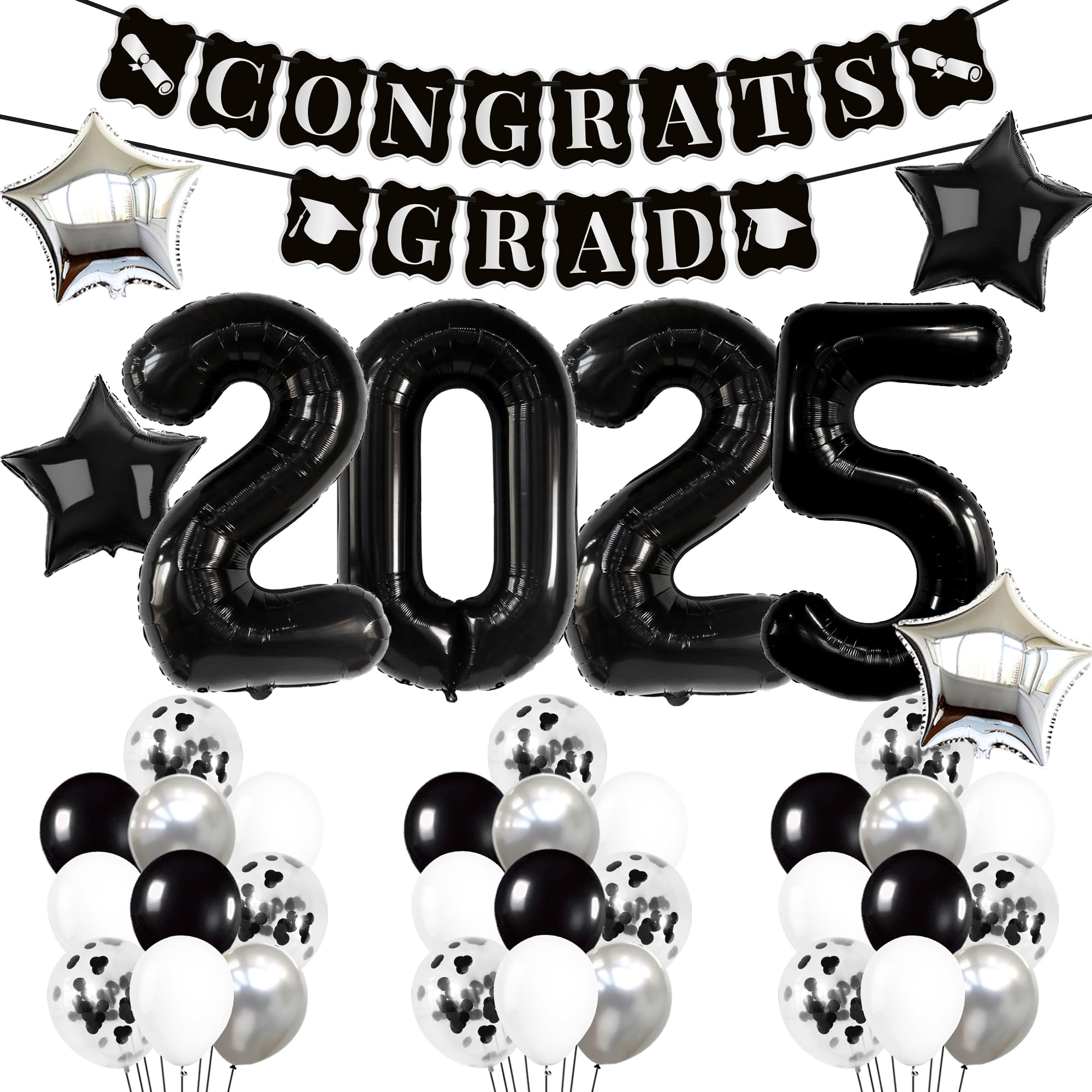 2025 Graduation Party Decorations Set - 43-Piece Black & Silver Balloons, Congrats Grad Banner | Elegant Black & White Graduation Theme | Perfect for High School & College Graduation Ceremonies, Parties & Photo Backdrops