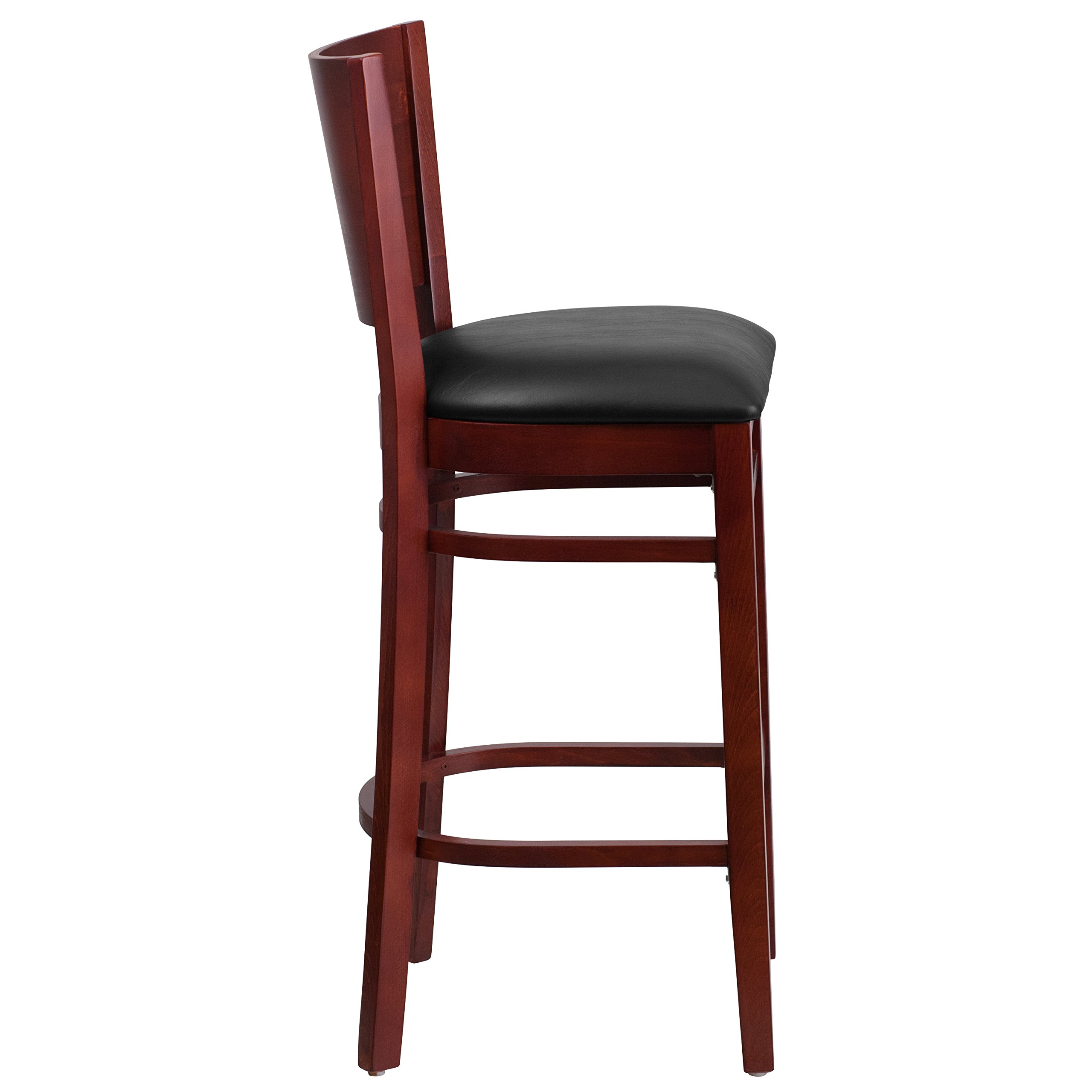 Solid Mahogany Wood Barstool with Black Vinyl Seat - Durable Bar Stool for Kitchen Island, Home Bar & Restaurant Use