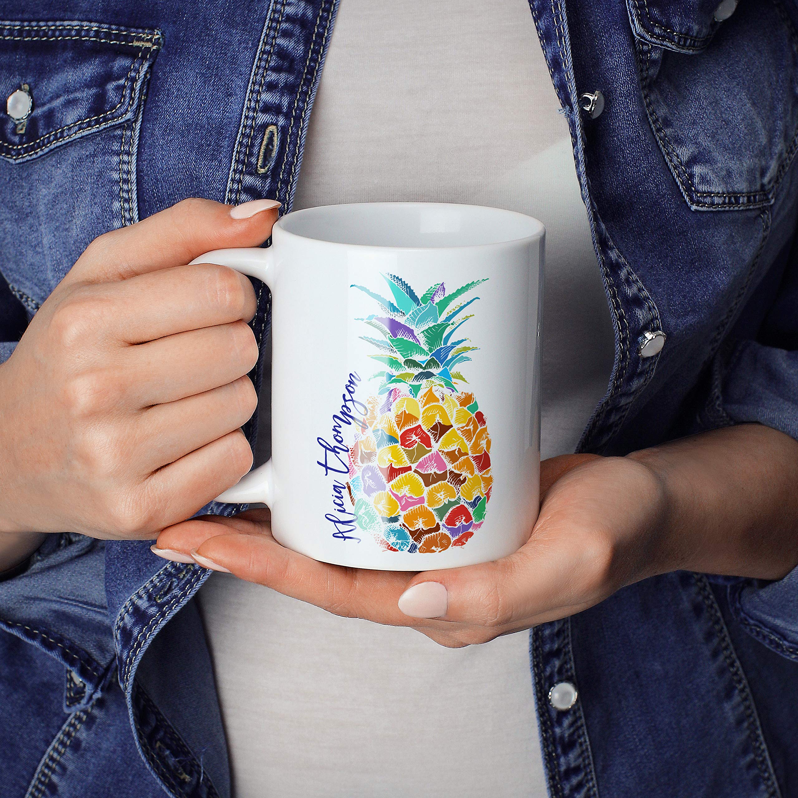 Personalized Pineapple Coffee Mug with Your Name - 11 Oz Custom Ceramic Cup with Matching Coaster - Perfect for Home, Office & Gifts