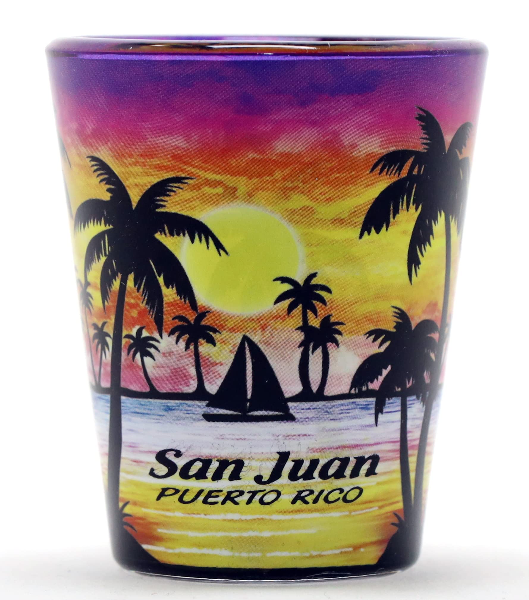 San Juan Puerto Rico Palm Sunset Shot Glass - 2oz Mini Glass for Tequila, Whiskey & Cocktails - Perfect for Beach Parties, Tropical Themed Events & Souvenirs