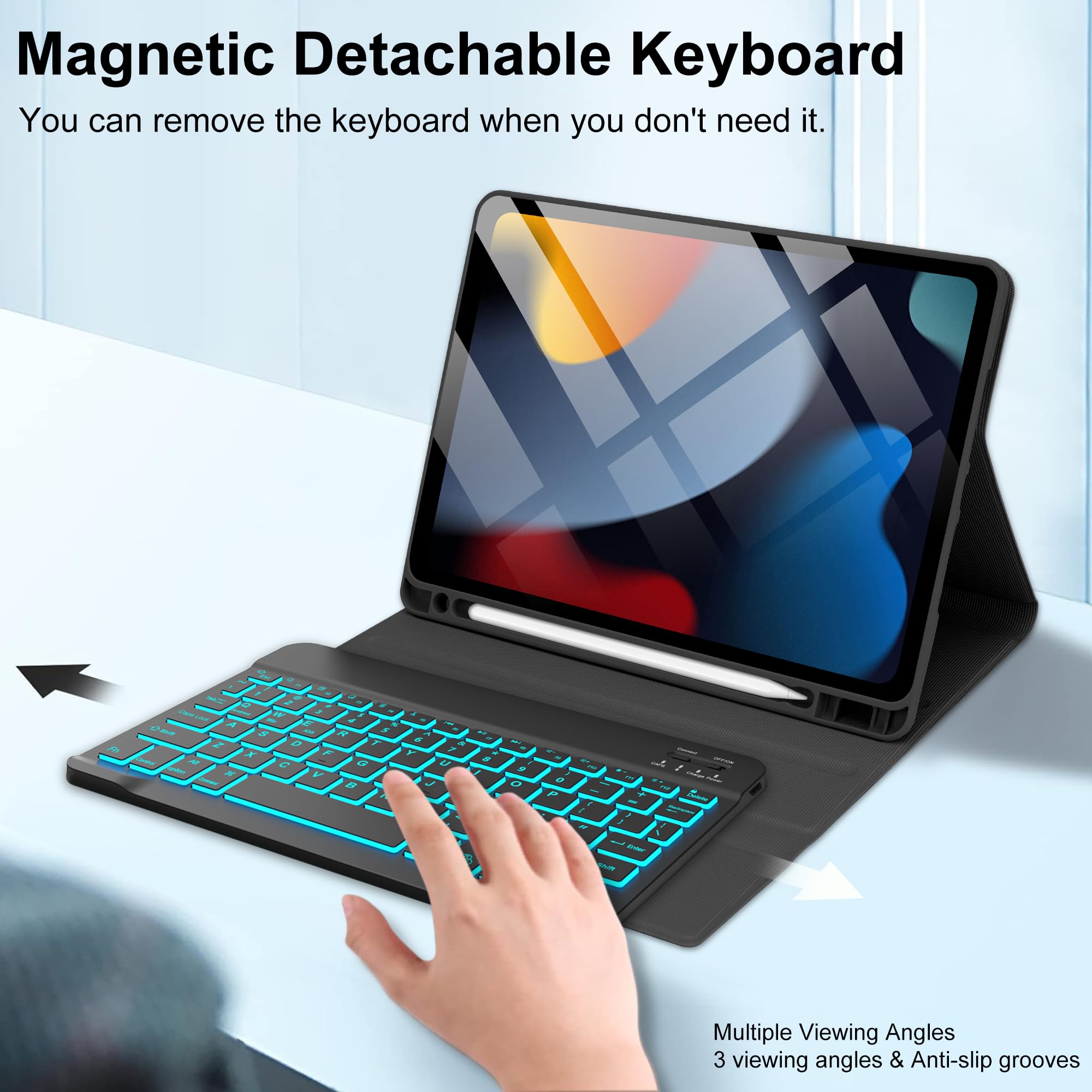 KVAGO Backlit Wireless Keyboard Case for iPad 9th/8th/7th Gen & iPad Air 3rd Gen - Detachable Folio Cover with Pencil Holder | Perfect for Work, Study & Travel (10.2 inch, Black)