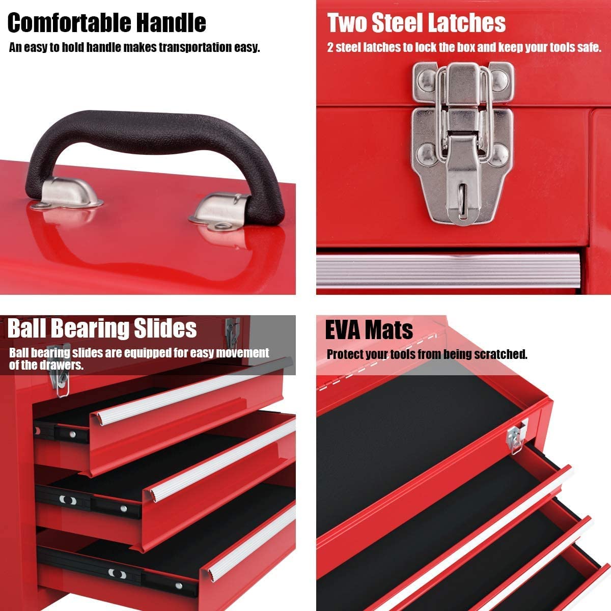 IRONMAX Lockable Steel Tool Chest with 3 Drawers & Top Tray - Heavy Duty Portable Tool Box for Home, Garage, Workshop & Job Site - Secure Storage for Tools & Equipment (Red)