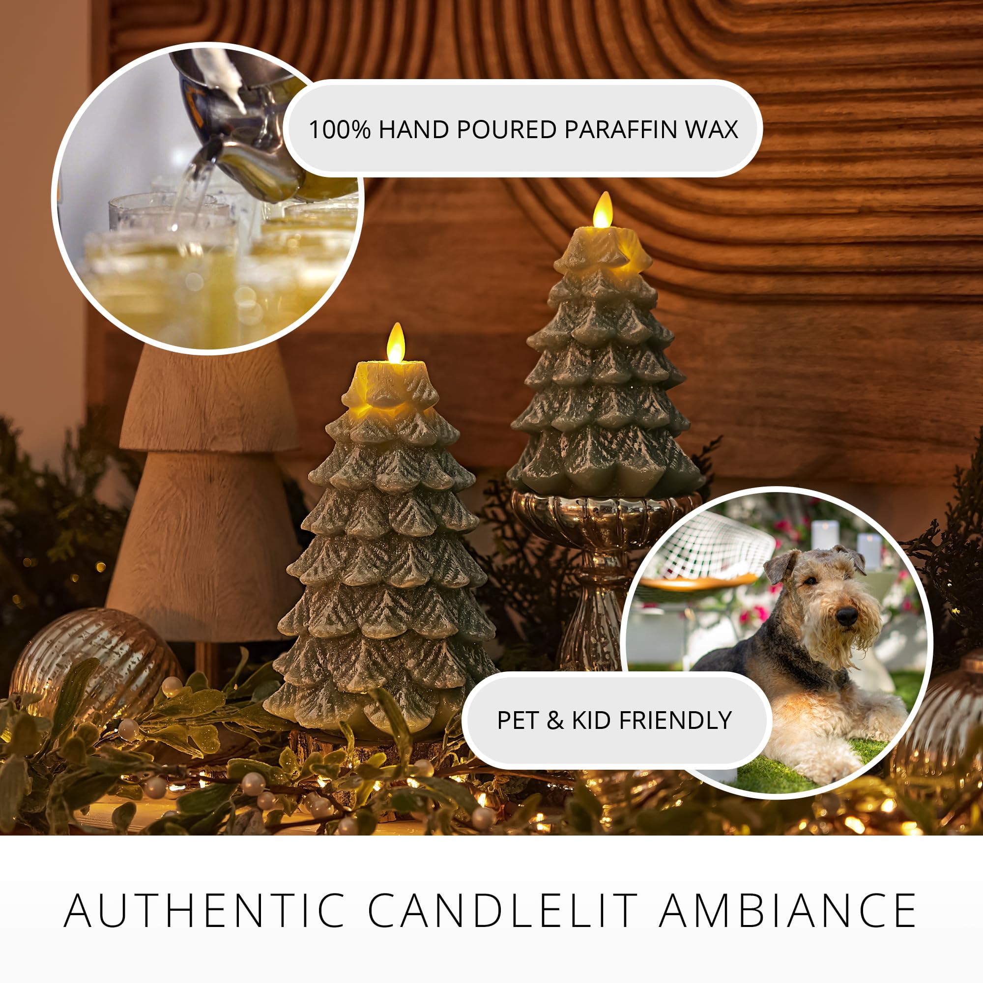 Luminara Flameless LED Candle - Christmas Tree Design with Glitter & Snow Finish, Battery-Operated Realistic Flickering Flame, Timer & Remote Control - 4.7x6.5 Inch Green Decorative Candle for Holiday Home Decor, Winter Weddings & Cozy Ambiance